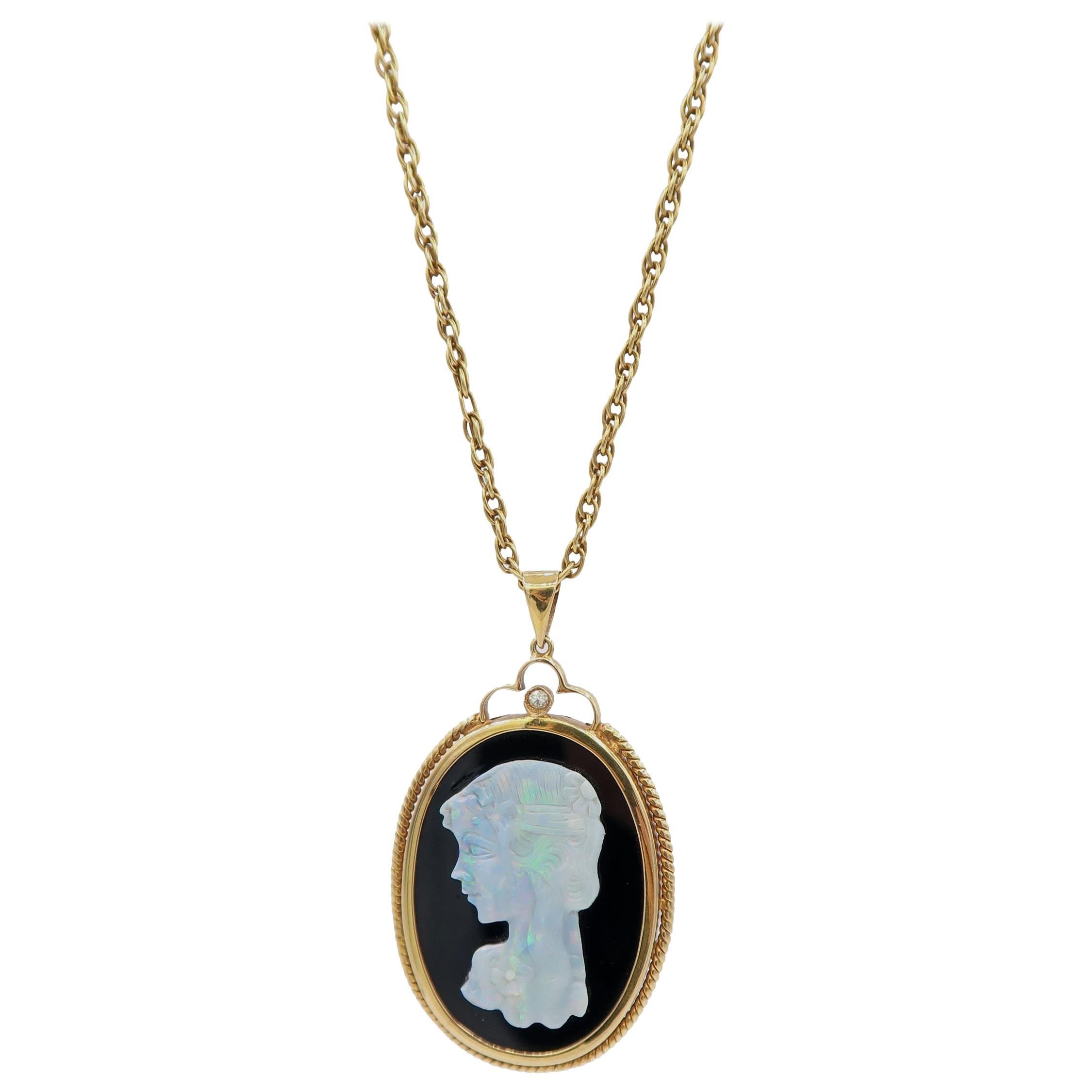 Carved Opal Cameo Diamond Onyx Pendant Yellow Gold Rope Chain For Sale
