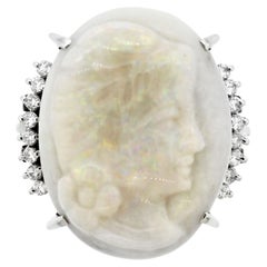 Carved Opal Cameo Diamond Platinum Ring