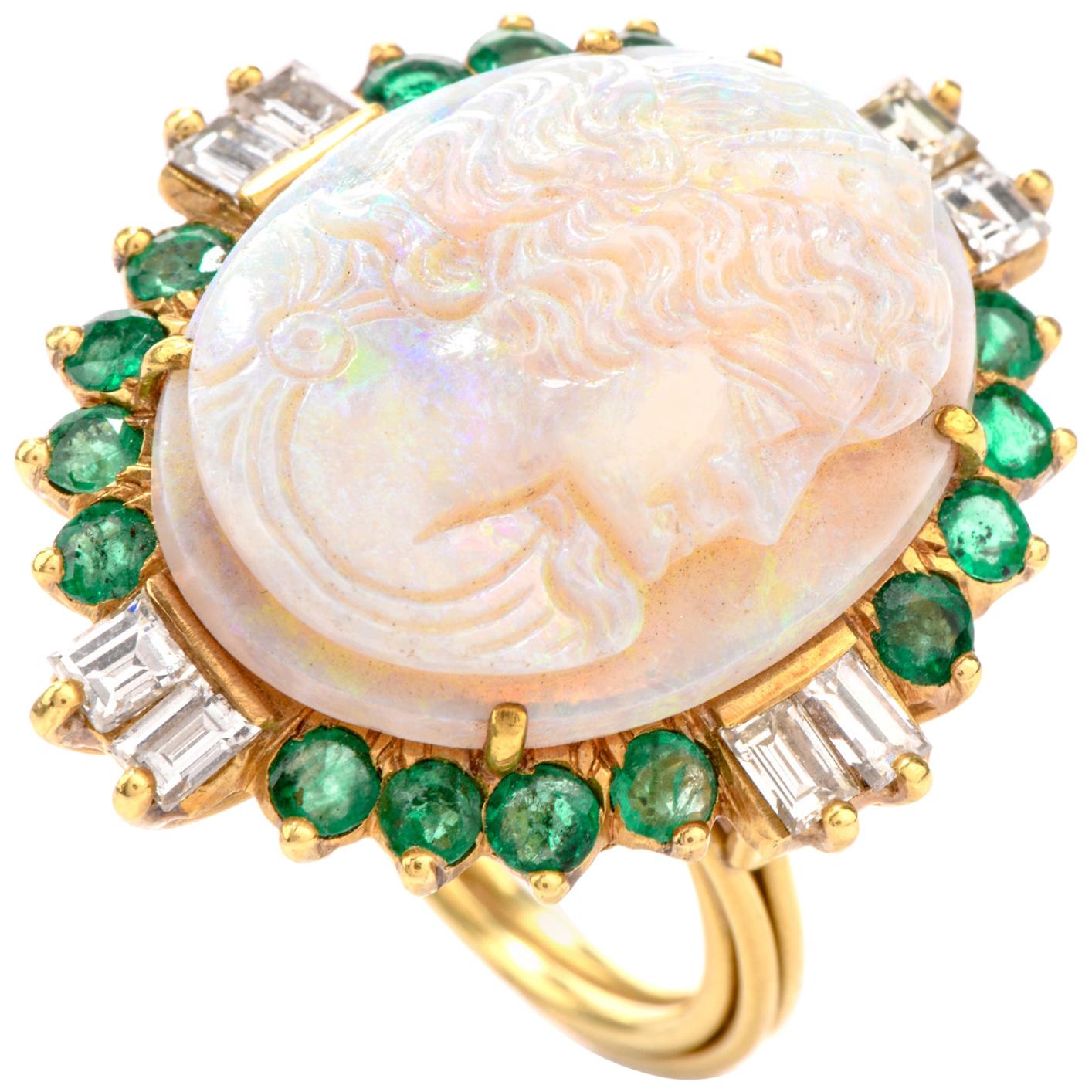 Carved Opal Diamond Emerald 18 Karat Cocktail Ring