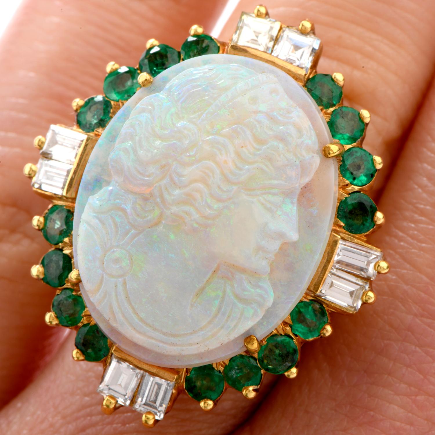 Carved Opal Diamond Emerald 18 Karat Cocktail Ring 4