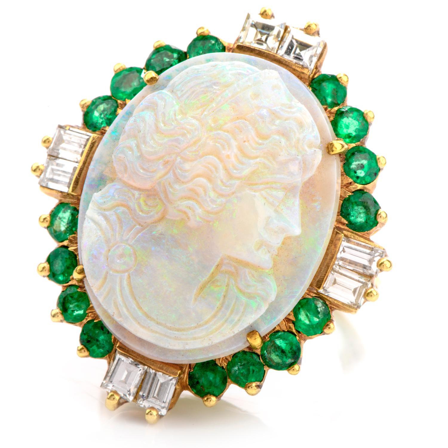 Artisan Carved Opal Diamond Emerald 18 Karat Cocktail Ring