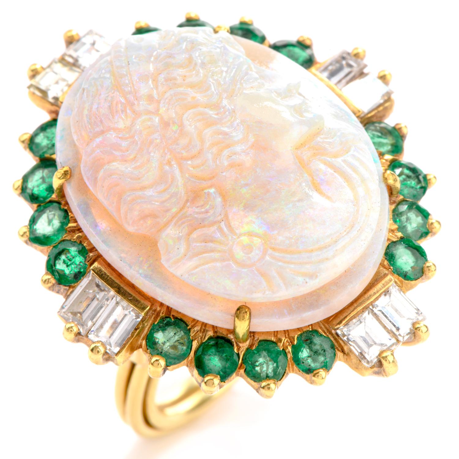 Women's or Men's Carved Opal Diamond Emerald 18 Karat Cocktail Ring
