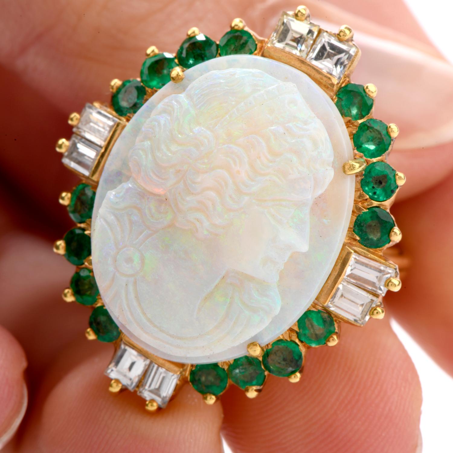 Carved Opal Diamond Emerald 18 Karat Cocktail Ring 2