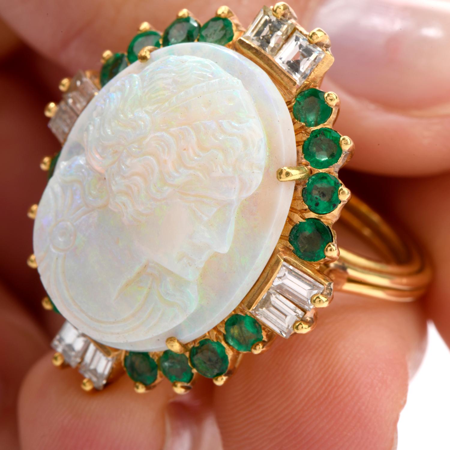 Carved Opal Diamond Emerald 18 Karat Cocktail Ring 3