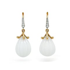 Carved White Opal Diamond 18K Yellow Gold Drop Earrings