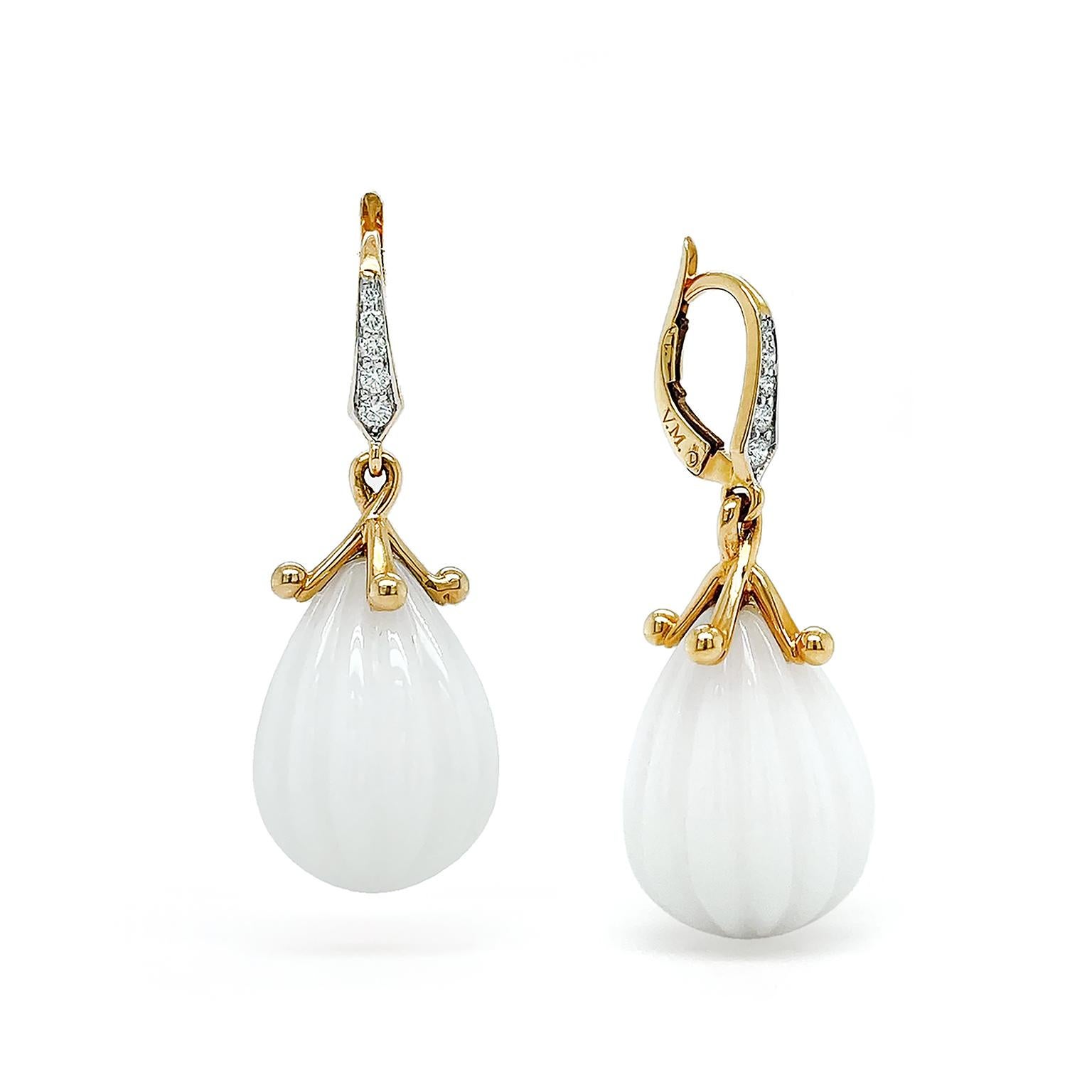 Round Cut Carved White Opal Diamond 18K Yellow Gold Drop Earrings For Sale