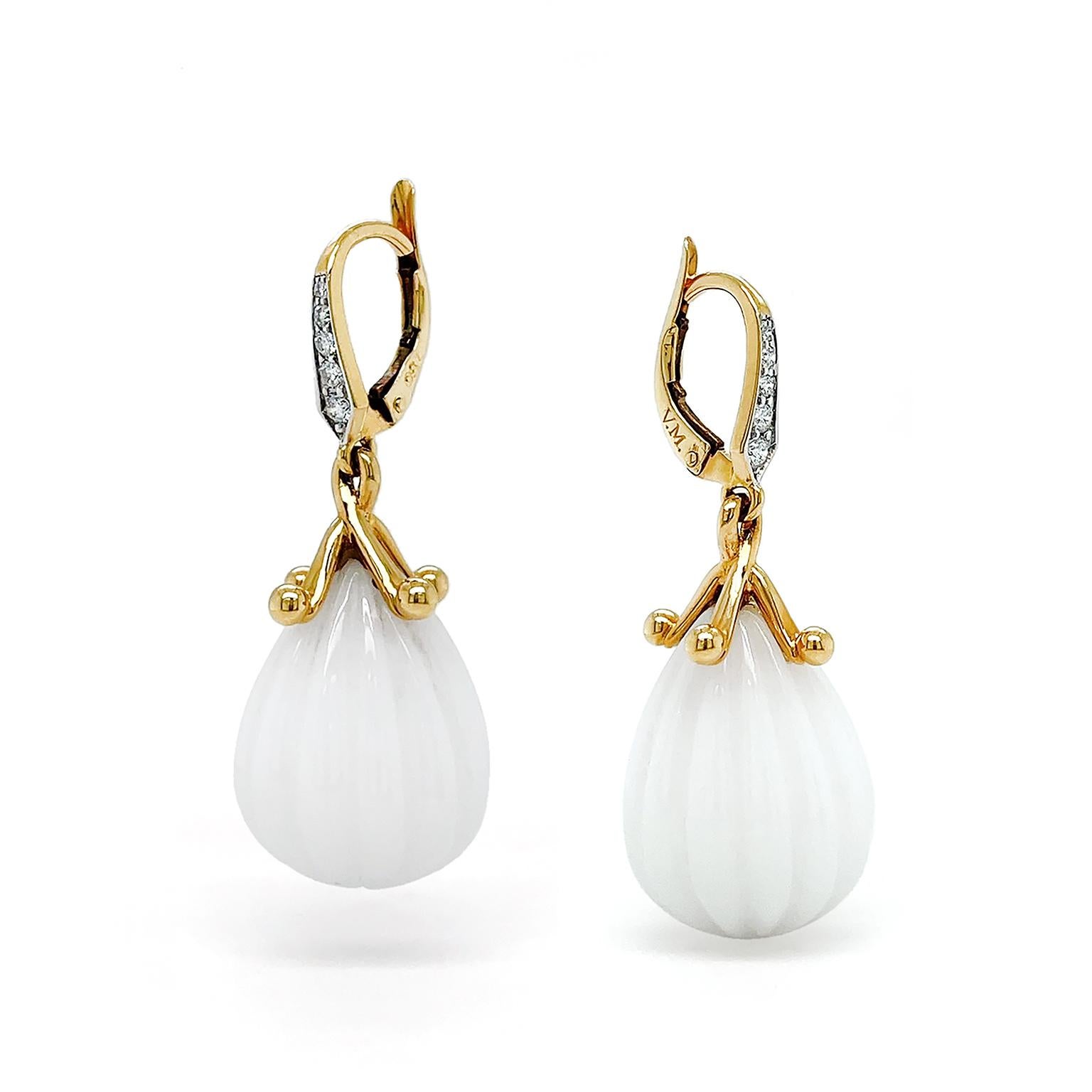 Carved White Opal Diamond 18K Yellow Gold Drop Earrings In New Condition For Sale In New York, NY