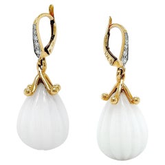 Carved White Opal Diamond 18K Yellow Gold Drop Earrings