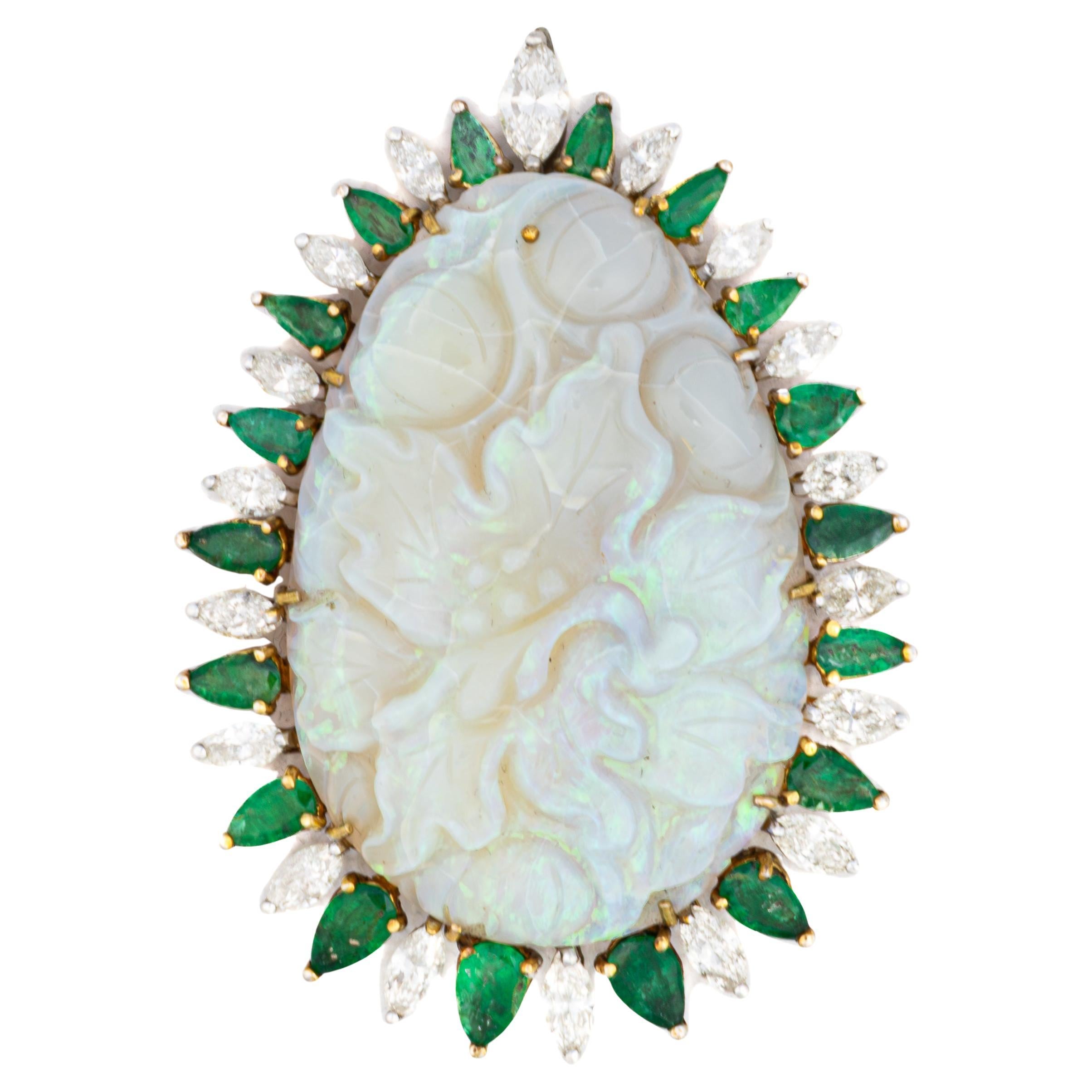Carved Opal Emerald and Diamond Halo Brooch