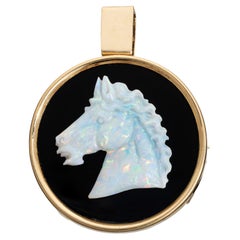 Carved Opal Horse Head Pendant Vintage 14k Yellow Gold Round Brooch Animal