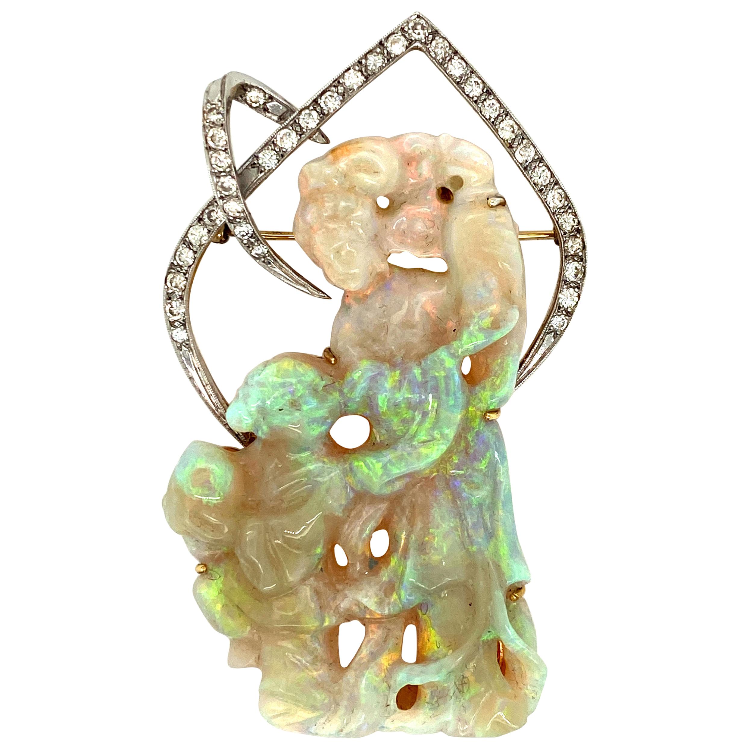 Carved Opal "Mother and Child" Brooch or Pendant in 14 Karat Gold and Platinum For Sale