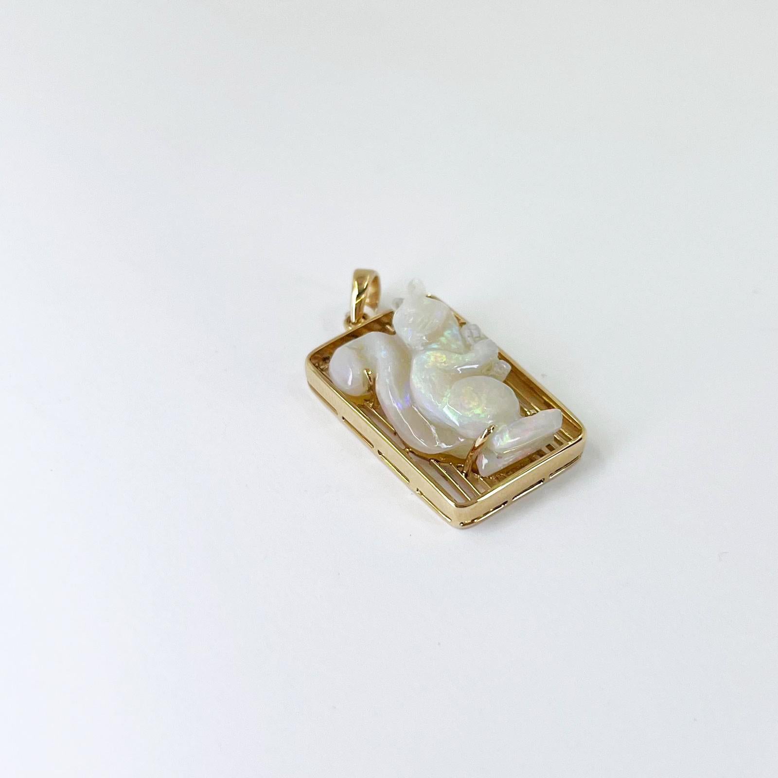 Carved Opal Squirrel Pendant Charm in Yellow Gold In Good Condition In Coral Gables, FL