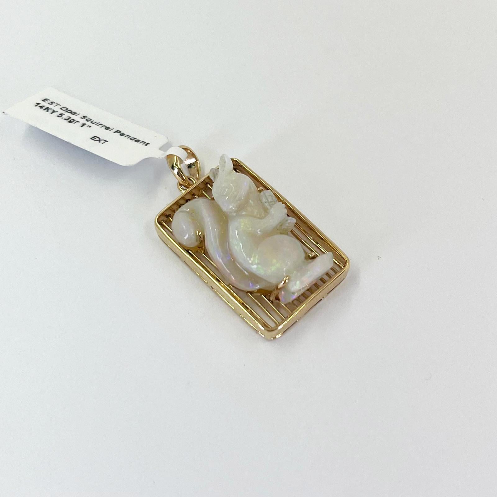 Women's or Men's Carved Opal Squirrel Pendant Charm in Yellow Gold