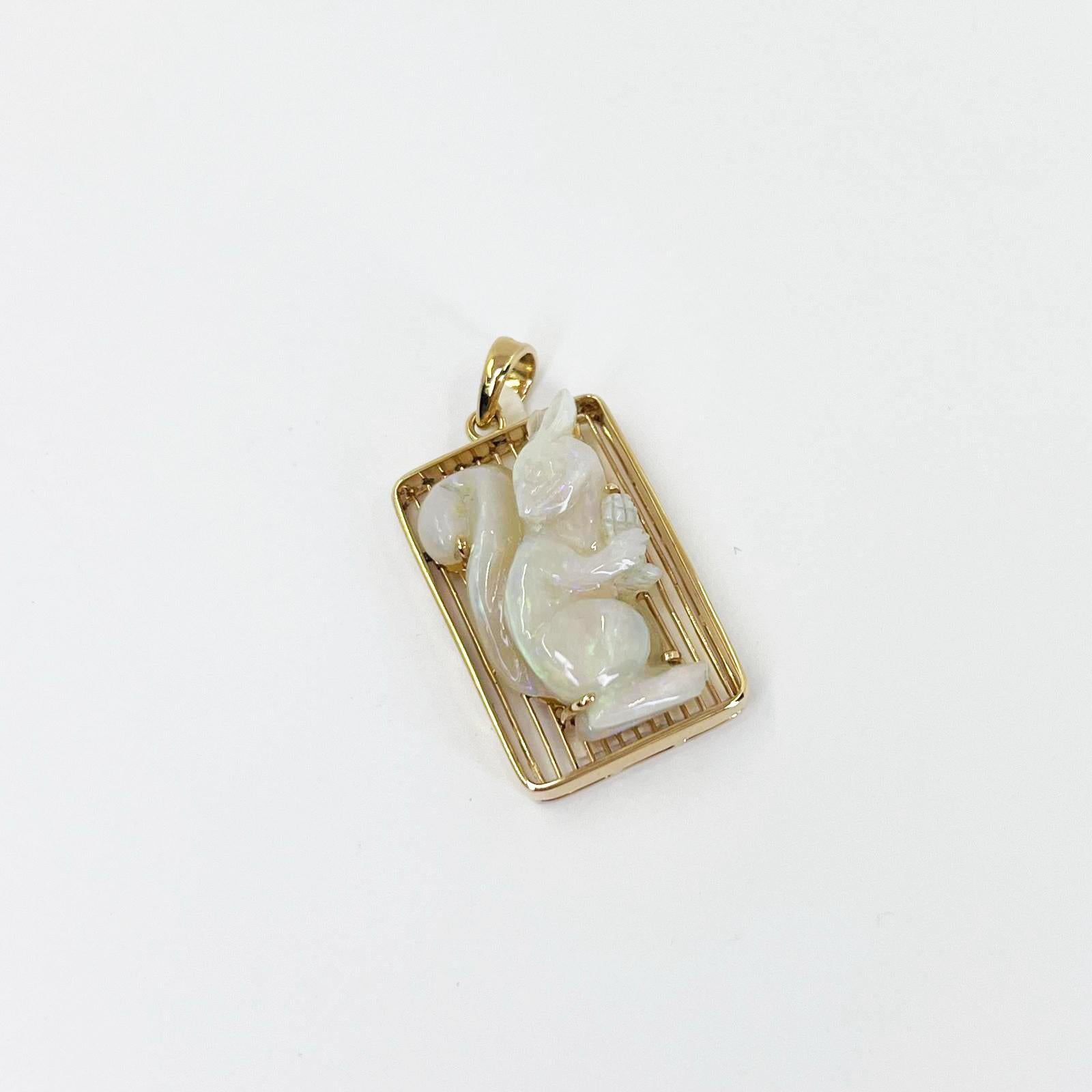 Carved Opal Squirrel Pendant Charm in Yellow Gold 1