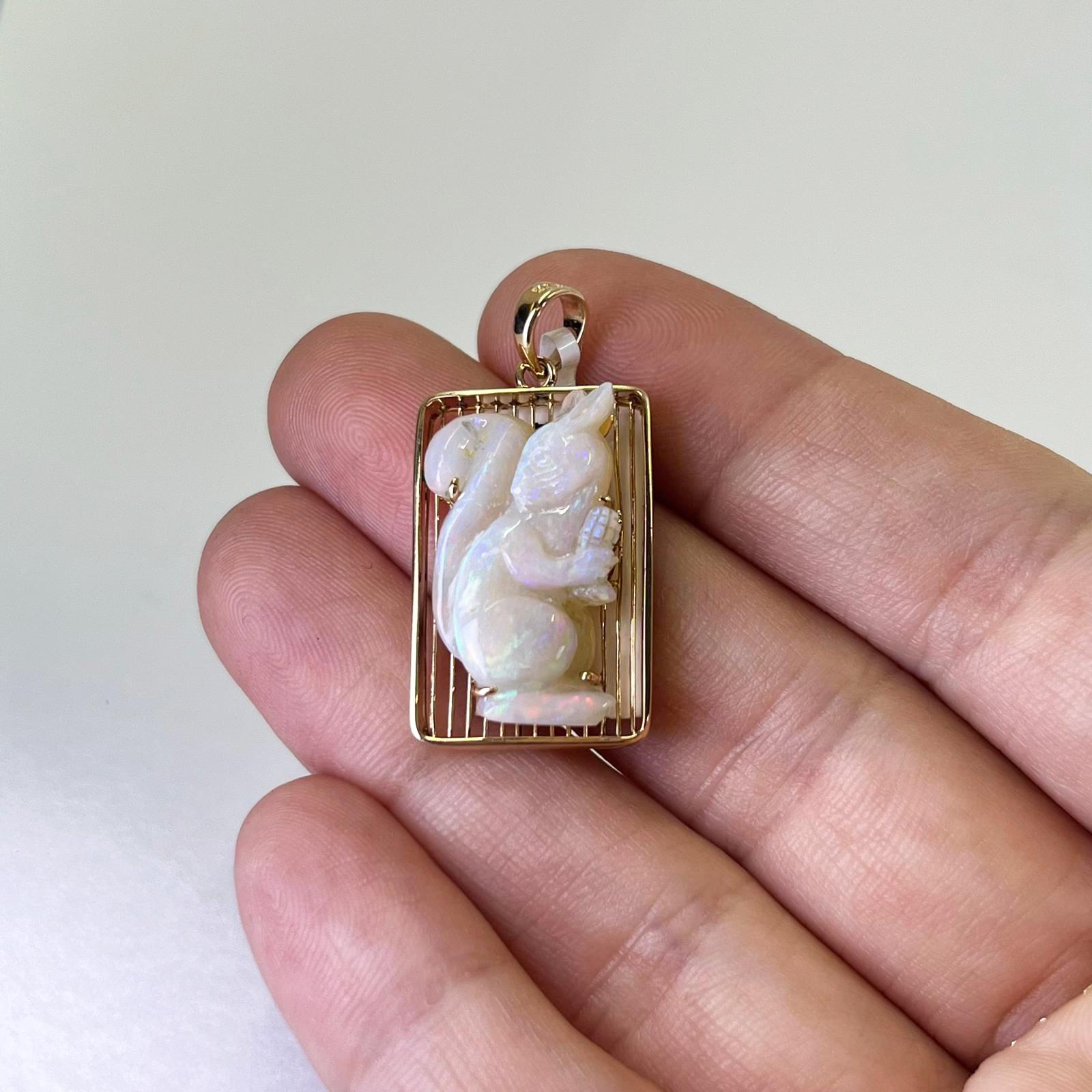 Carved Opal Squirrel Pendant Charm in Yellow Gold 3