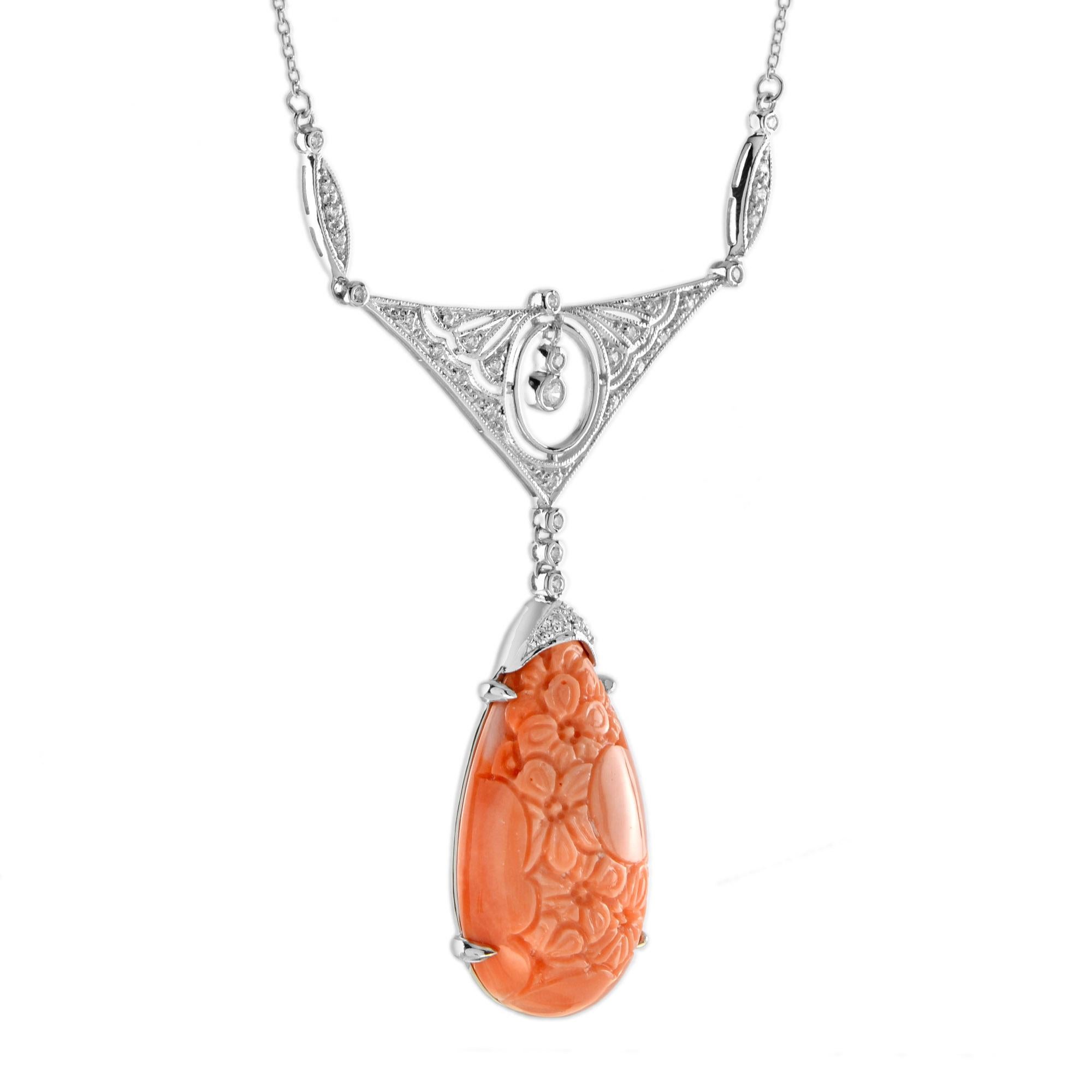 Carved Orange Coral & Diamond Antique Style 14K White Gold Pendant Necklace Art Decó en venta