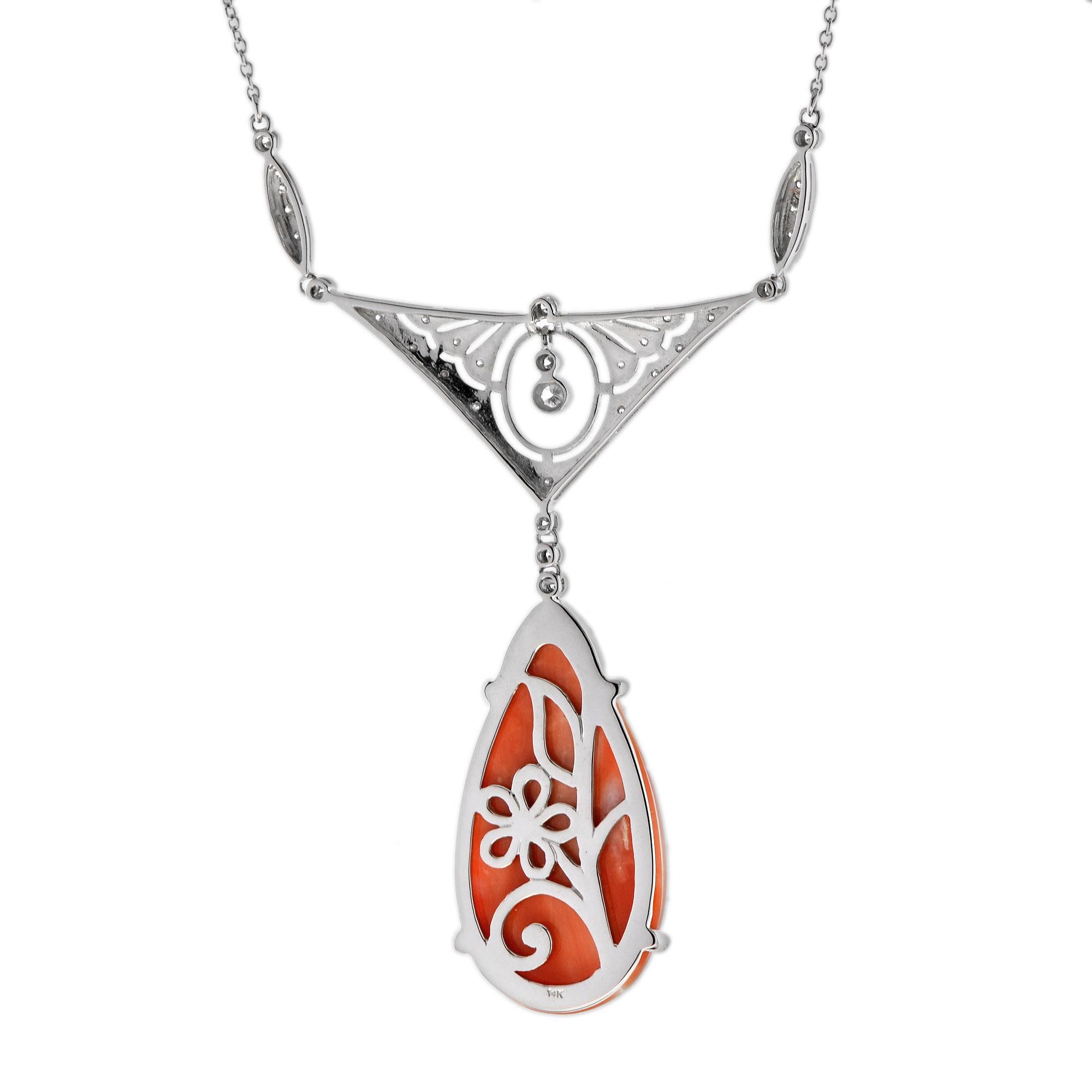 Carved Orange Coral & Diamond Antique Style 14K White Gold Pendant Necklace Corte pera en venta