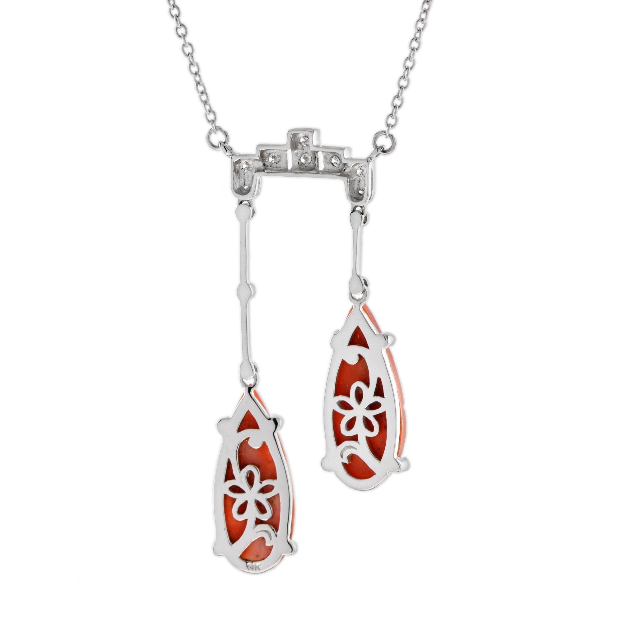 Carved Orange Coral & Diamond Antique Style 14K White Gold Pendant Necklace Corte pera en venta