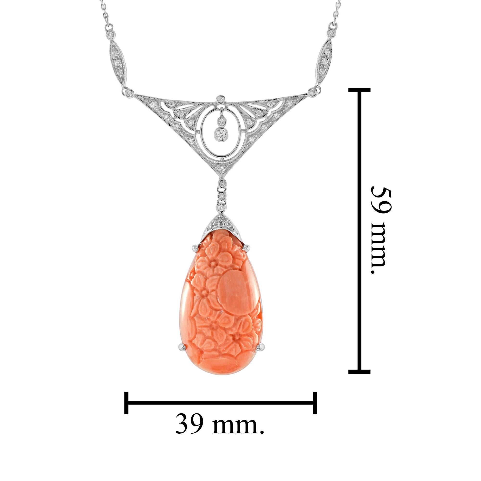 De las mujeres Carved Orange Coral & Diamond Antique Style 14K White Gold Pendant Necklace en venta