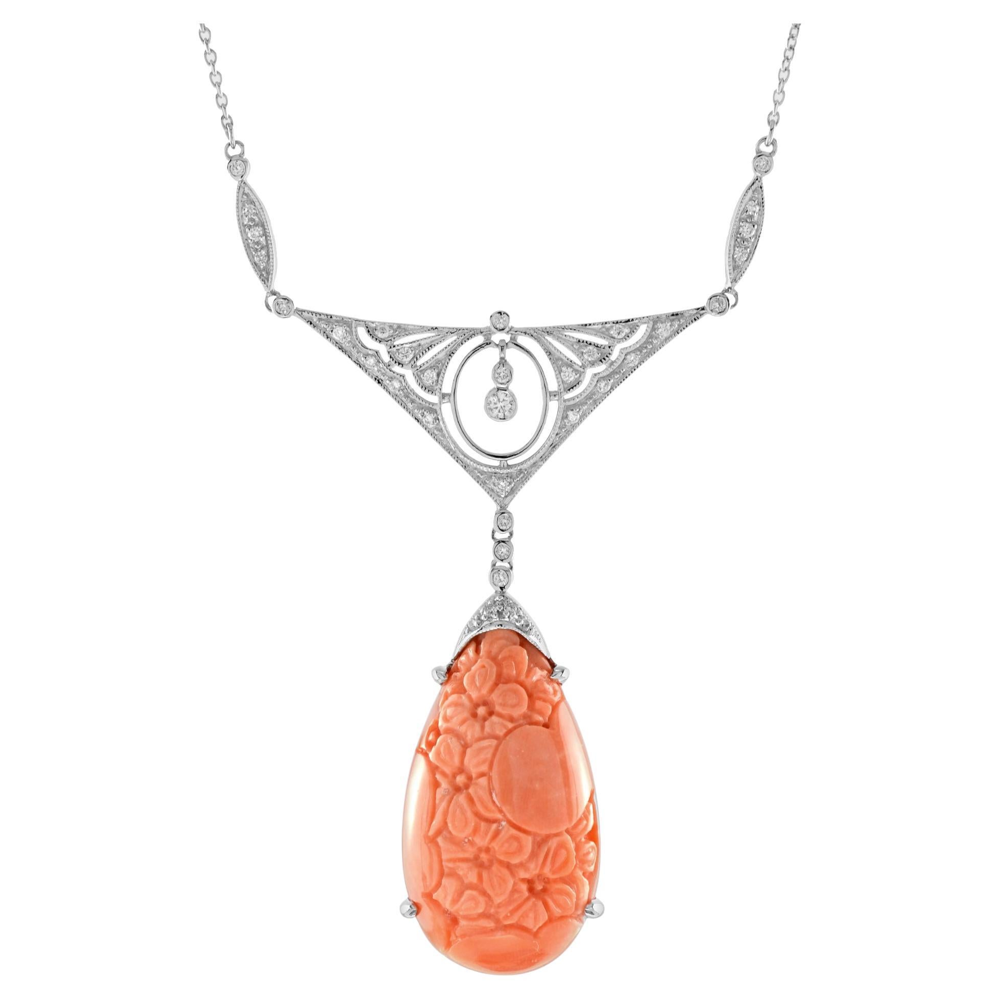 Carved Orange Coral & Diamond Antique Style 14K White Gold Pendant Necklace