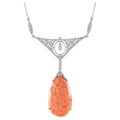 Carved Orange Coral & Diamond Antique Style 14K White Gold Pendant Necklace