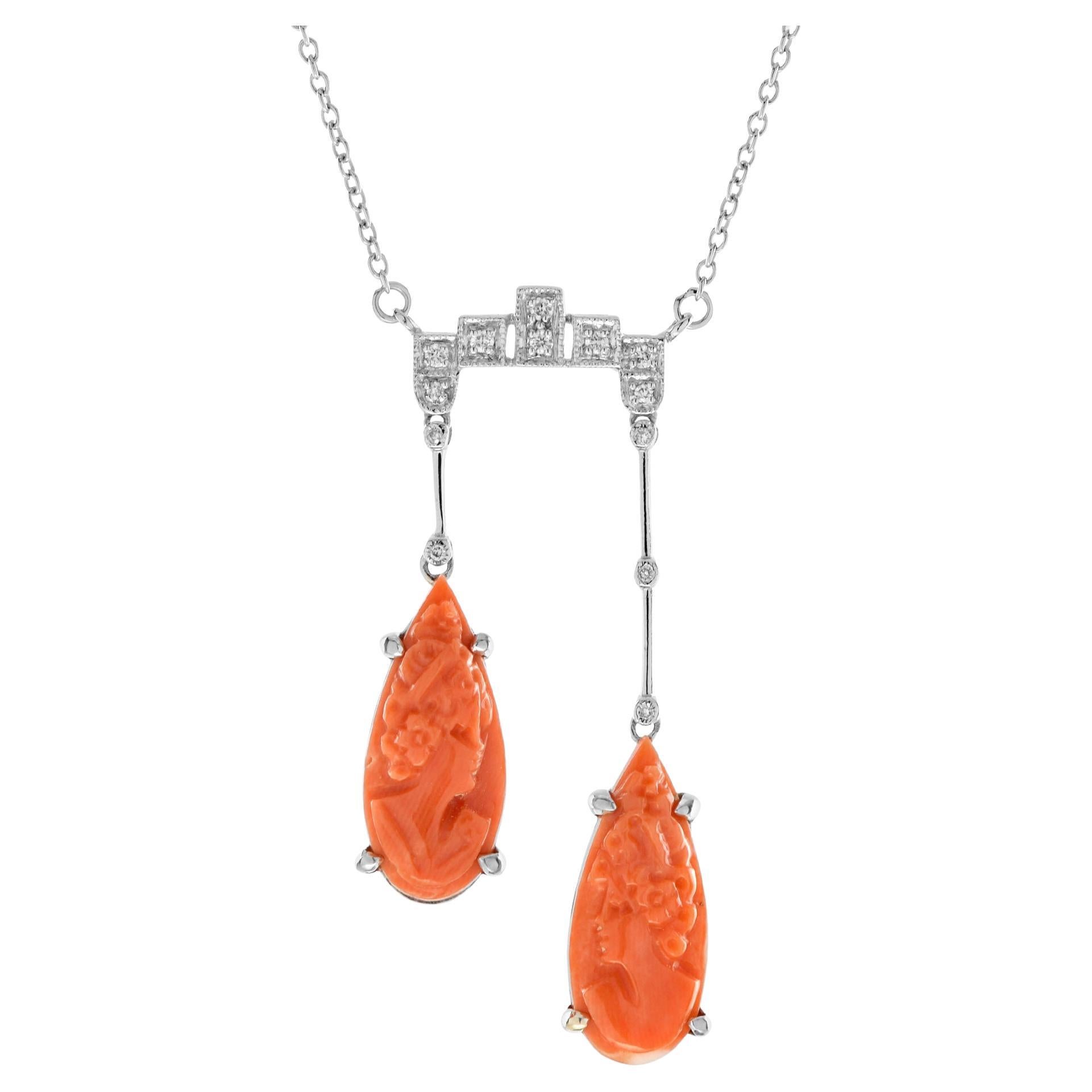 Carved Orange Coral & Diamond Antique Style 14K White Gold Pendant Necklace