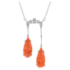 Carved Orange Coral & Diamond Antique Style 14K White Gold Pendant Necklace