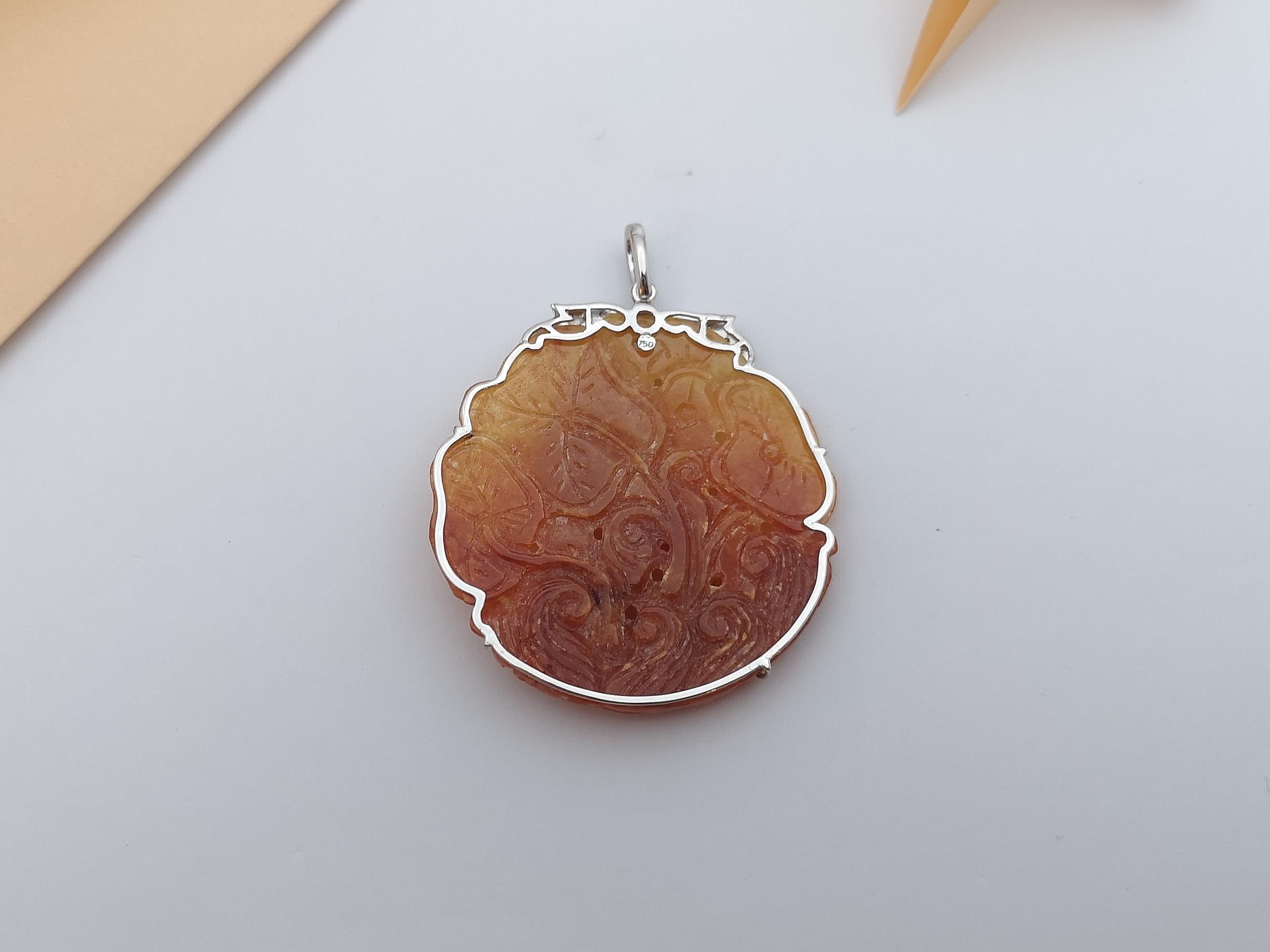Mixed Cut Carved Orange Jade with Diamond Pendant Set in 18 Karat White Gold Settings For Sale