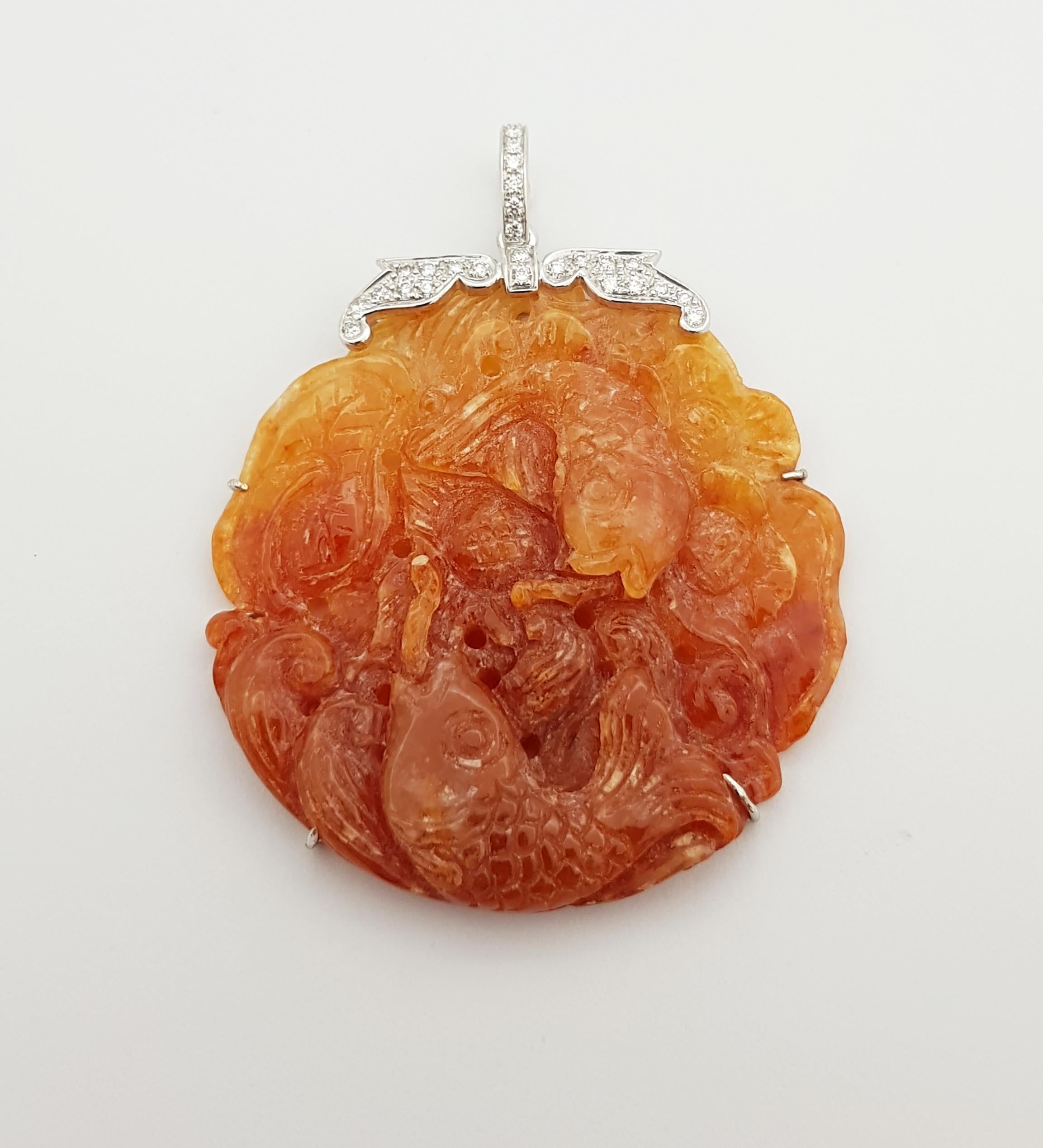 Carved Orange Jade with Diamond Pendant Set in 18 Karat White Gold Settings