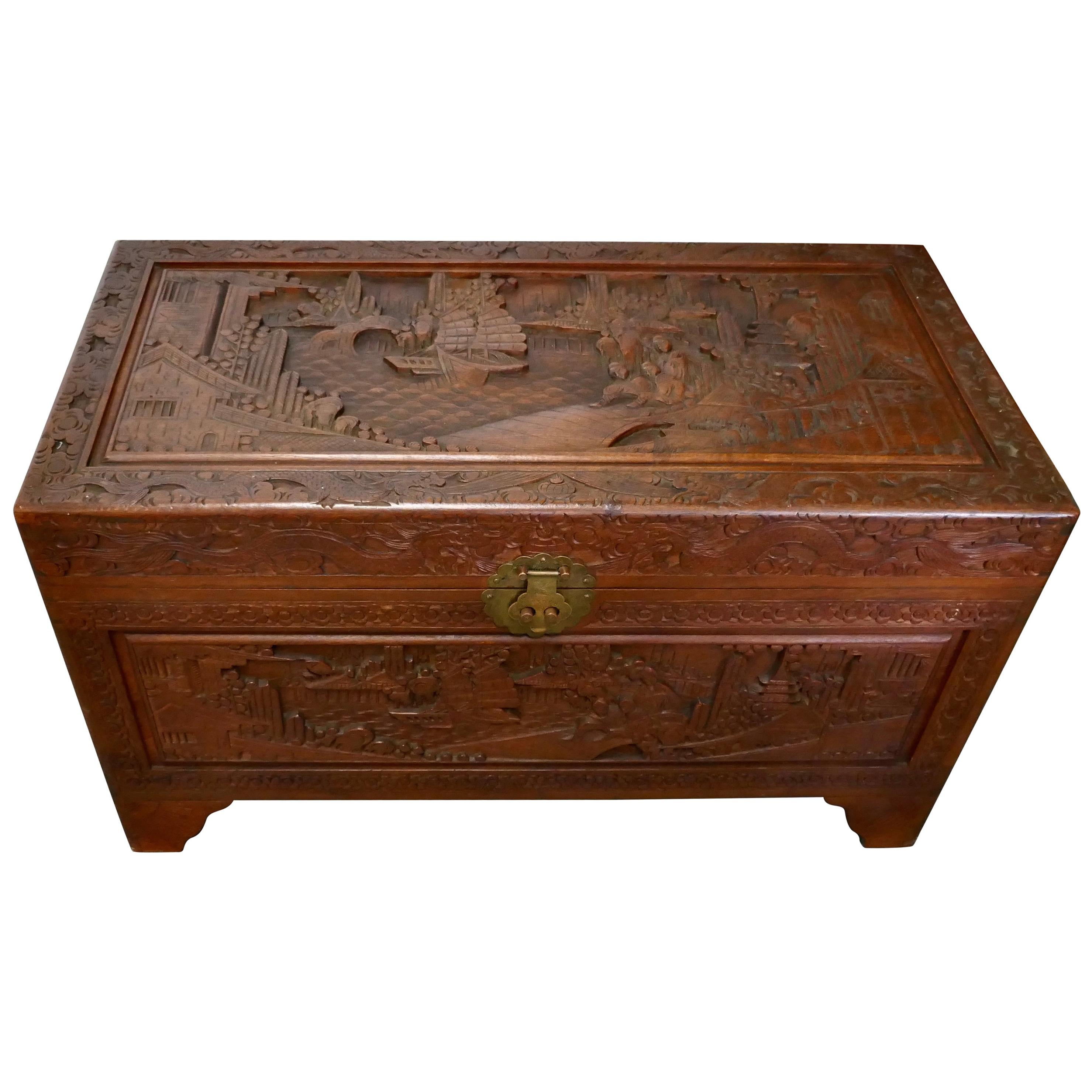 Carved Oriental Camphor Wood Chest