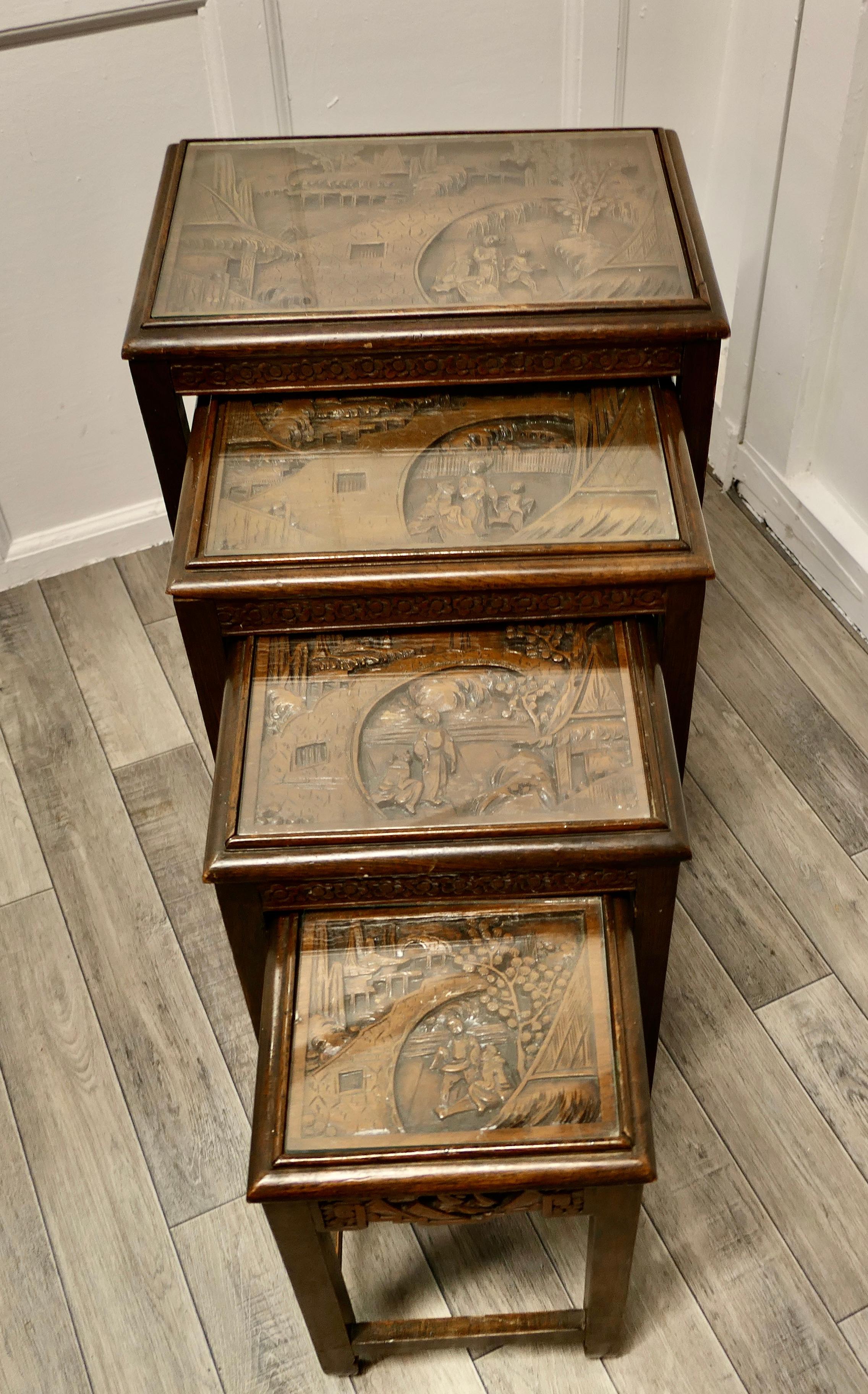 Chinoiserie Carved Oriental Nest of Four Tables For Sale
