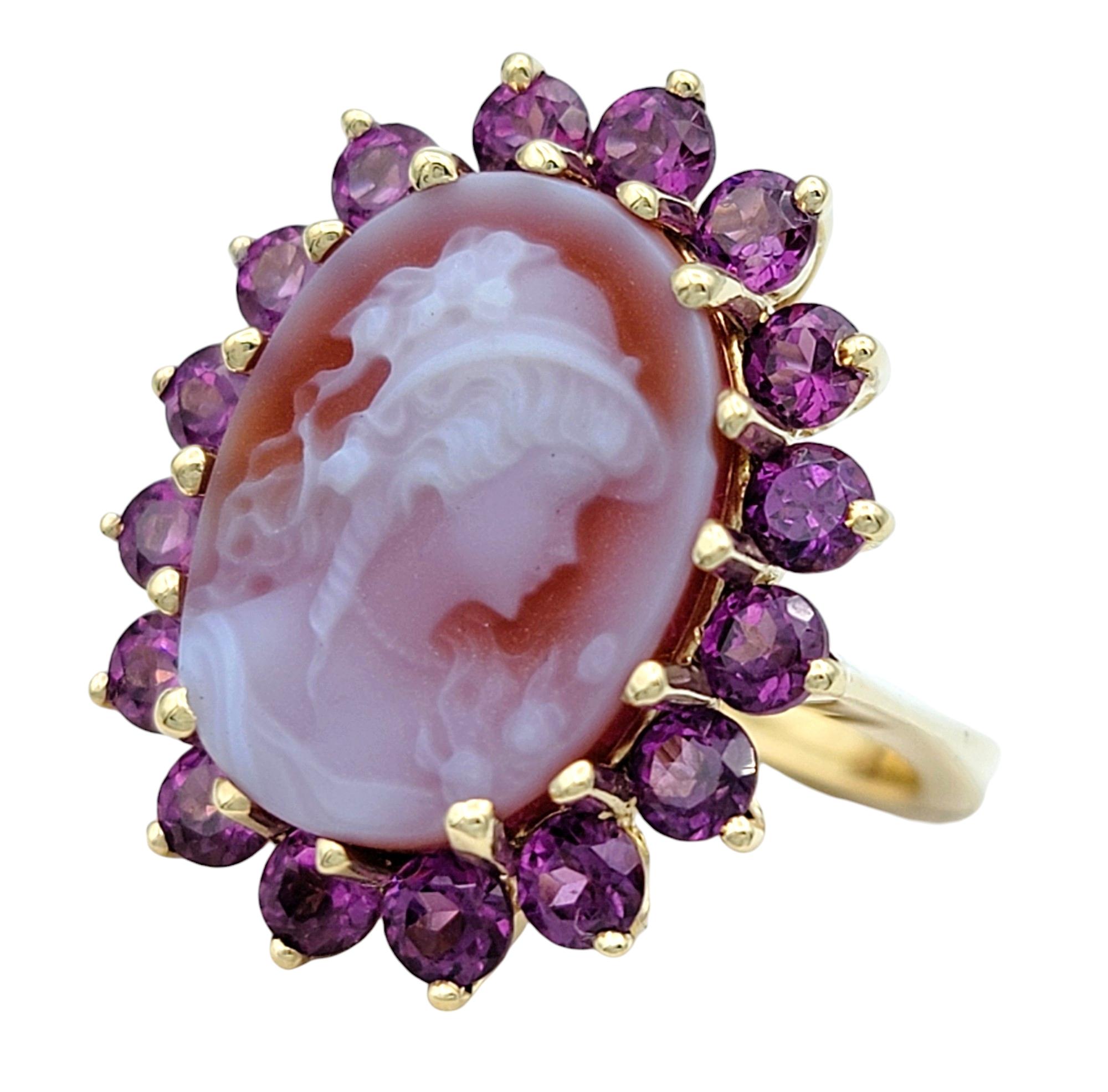 Round Cut Carved Oval Cameo and Pink Tourmaline Halo Ring Set in 14 Karat Yellow Gold For Sale