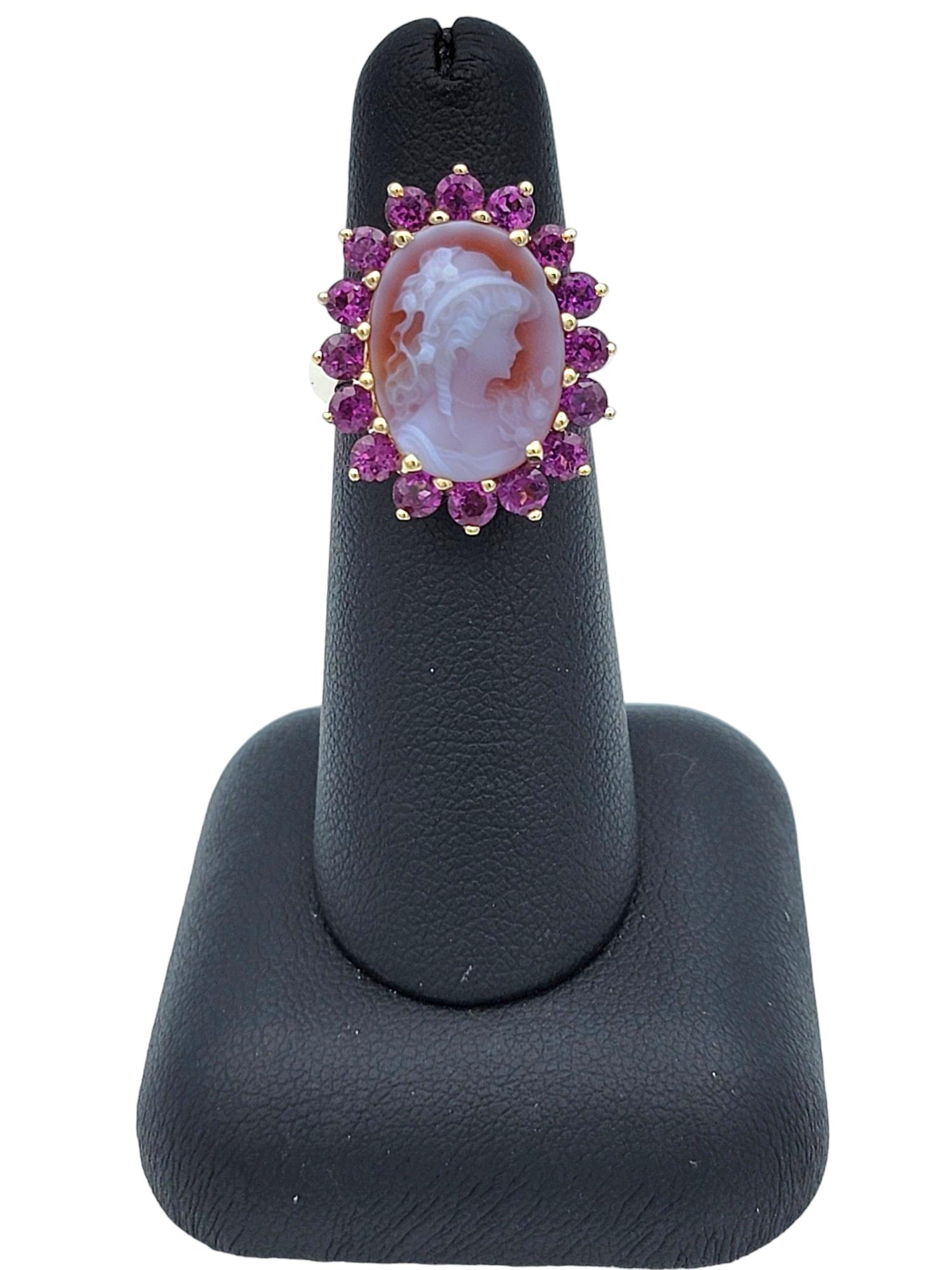 Carved Oval Cameo and Pink Tourmaline Halo Ring Set in 14 Karat Yellow Gold In Good Condition For Sale In Scottsdale, AZ