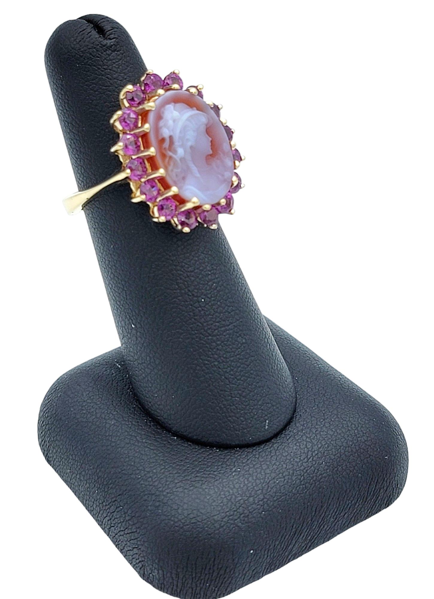Women's Carved Oval Cameo and Pink Tourmaline Halo Ring Set in 14 Karat Yellow Gold For Sale