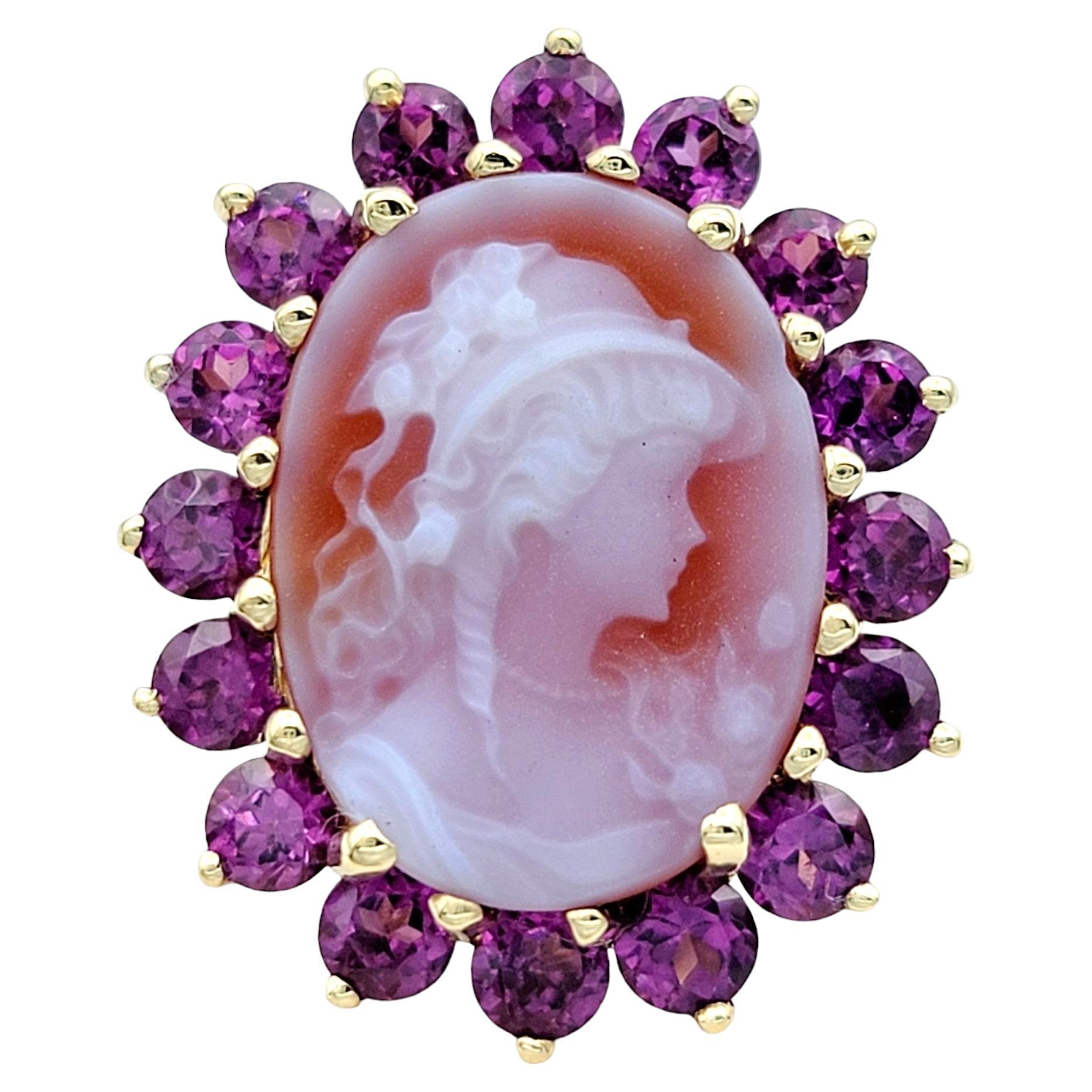 Carved Oval Cameo and Pink Tourmaline Halo Ring Set in 14 Karat Yellow Gold For Sale