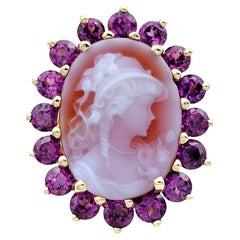 Used Carved Oval Cameo and Pink Tourmaline Halo Ring Set in 14 Karat Yellow Gold