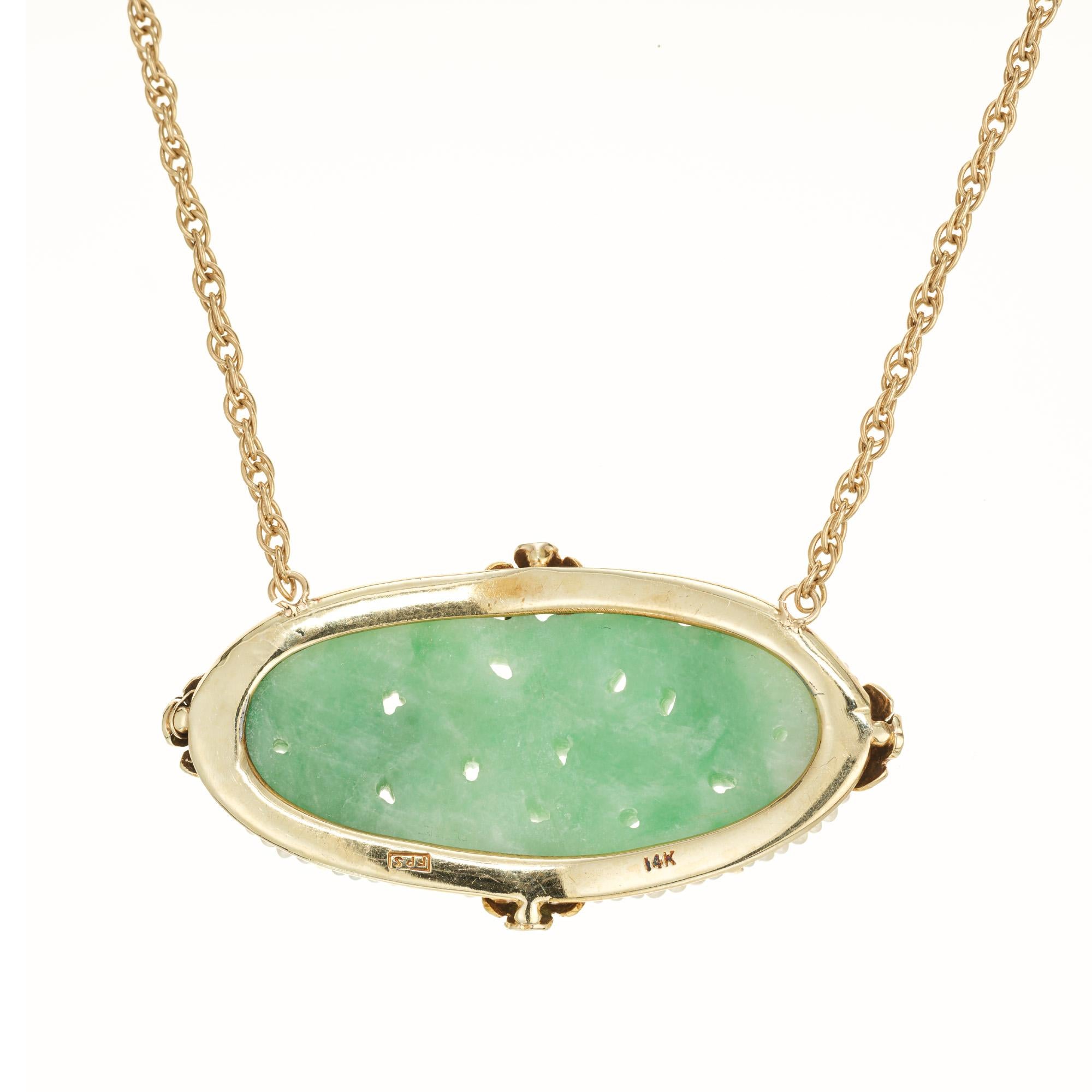 Oval Cut Carved Oval Jadeite Jade Natural Pearl Gold Pendant Necklace For Sale