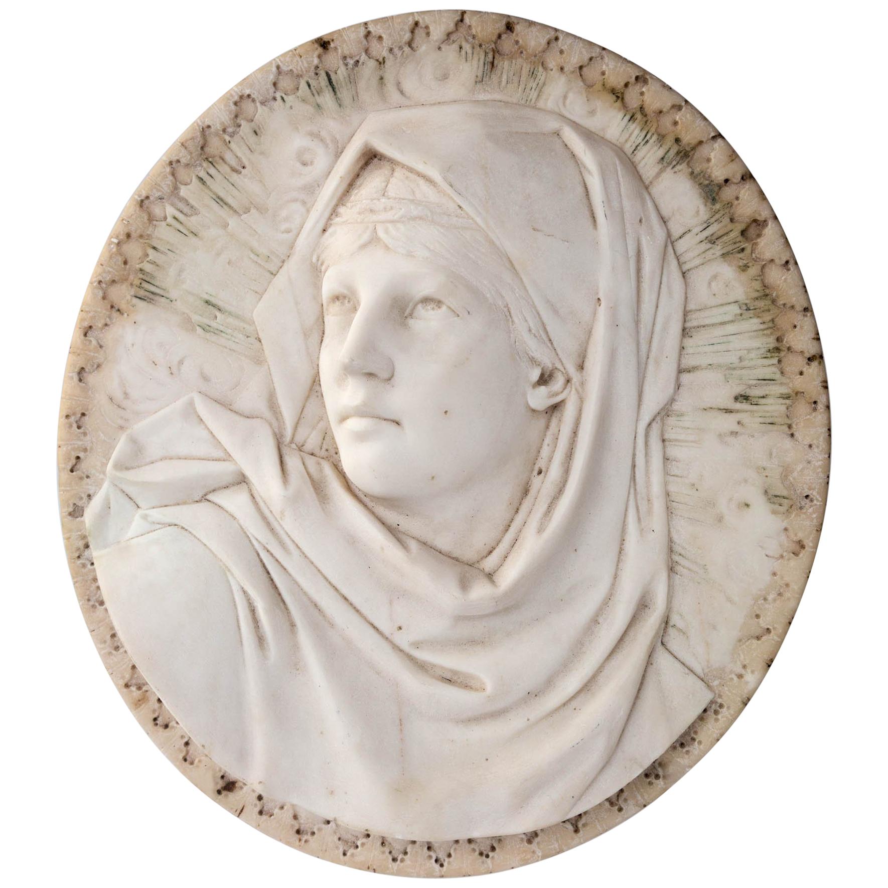 Carved Oval Marble Plaque of Weeping  Madonna For Sale