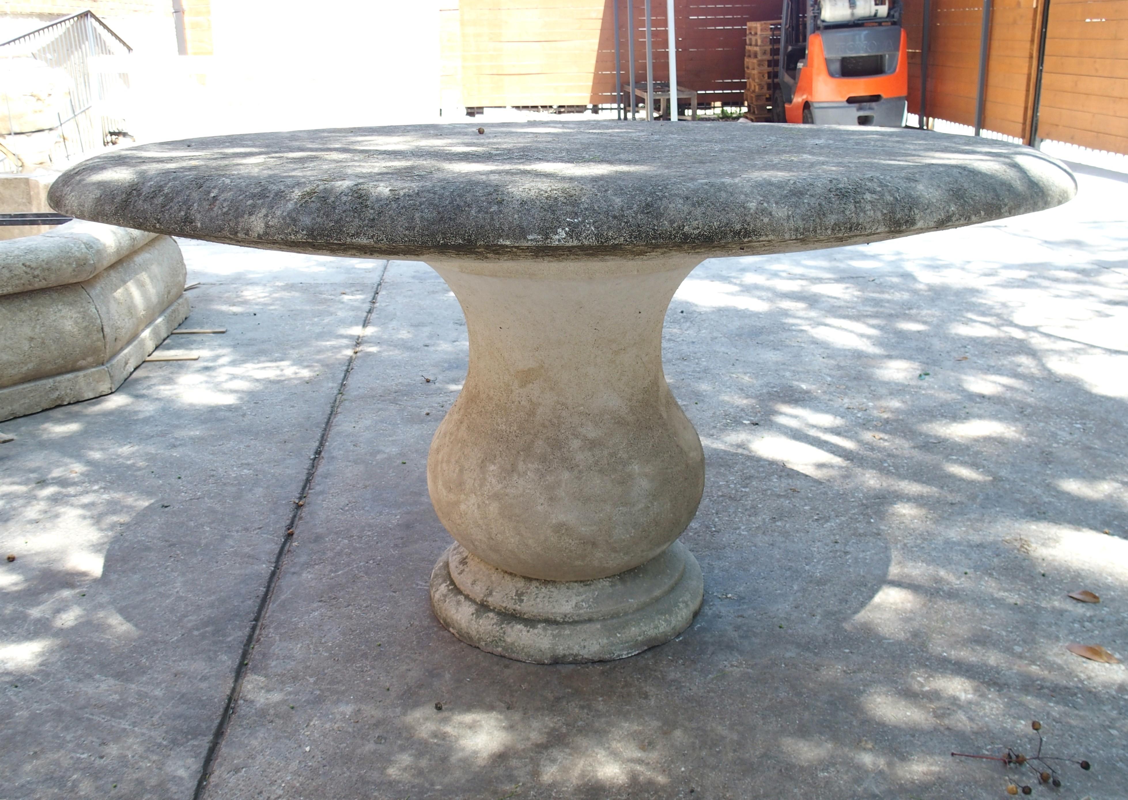 More information coming soon…

A robust garden table, hand-carved from two pieces of limestone in Provence, France.  The four inch thick oval top is supported by a robust baluster base with subtle molding at the base.  Both sections of stone have a