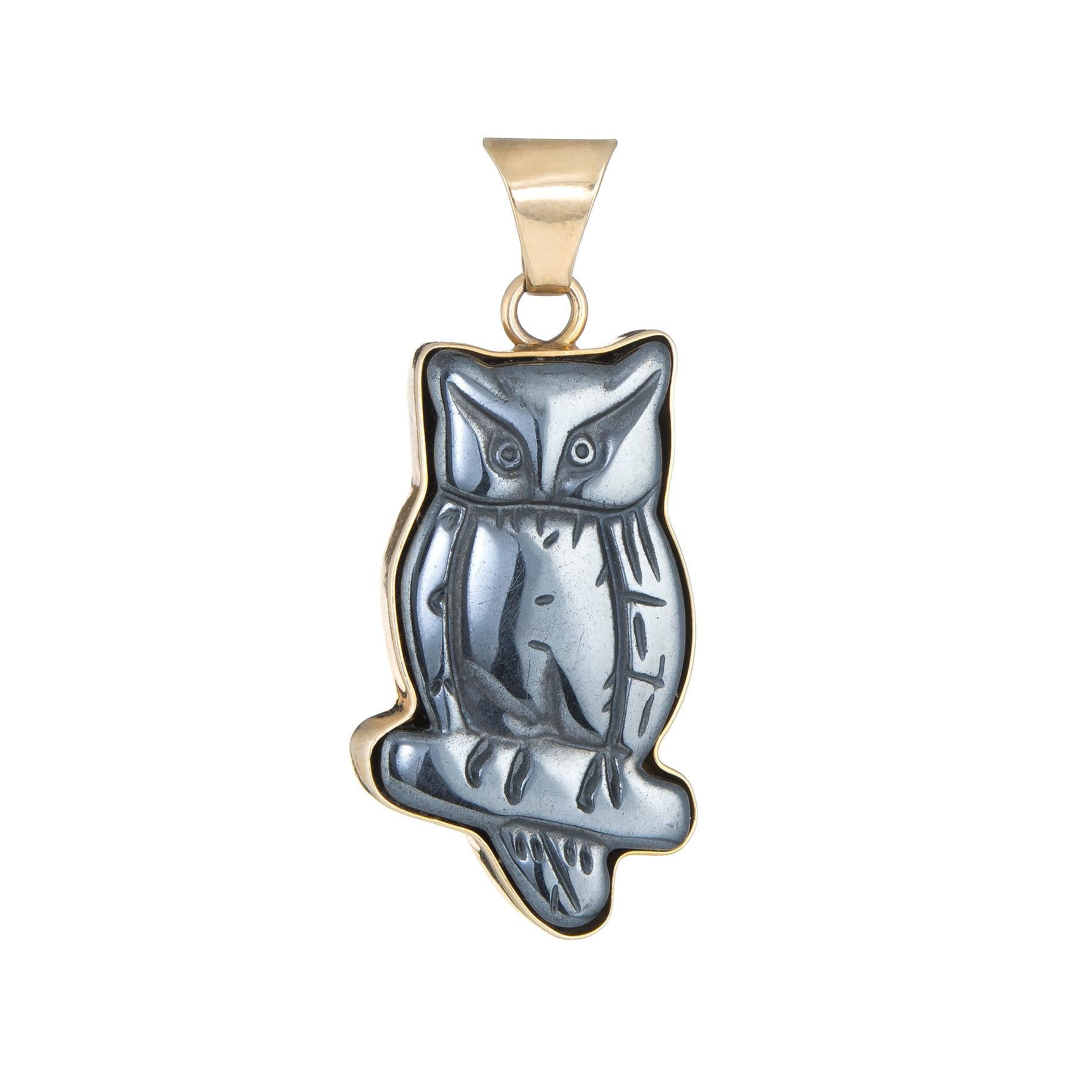 Modern Carved Owl Pendant Hematite Vintage 14 Karat Gold Estate Fine Jewelry Bird