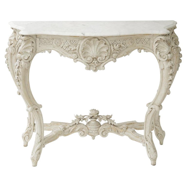 Consola Rococo Carved Painted 19th Century Italian Rococo Console with Carrara Marble ...
