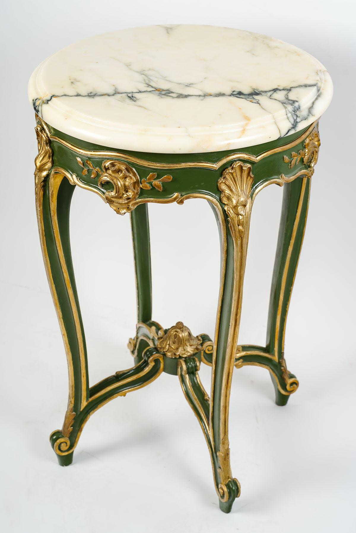 French Carved, Painted and Gilded Wood Pedestal Table, Louis XV style. For Sale