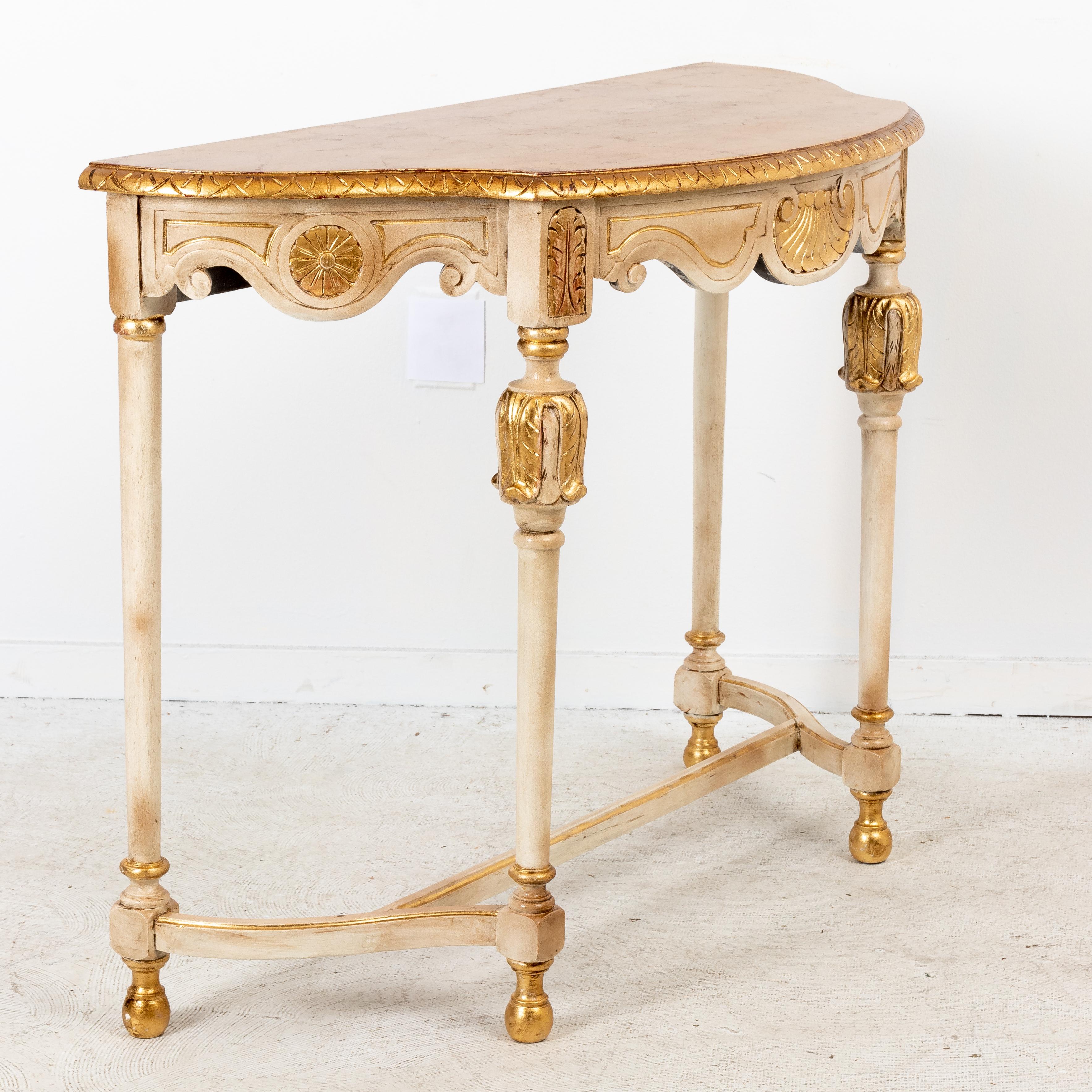 Mid-20th Century Carved Painted and Giltwood Demilune Console Table