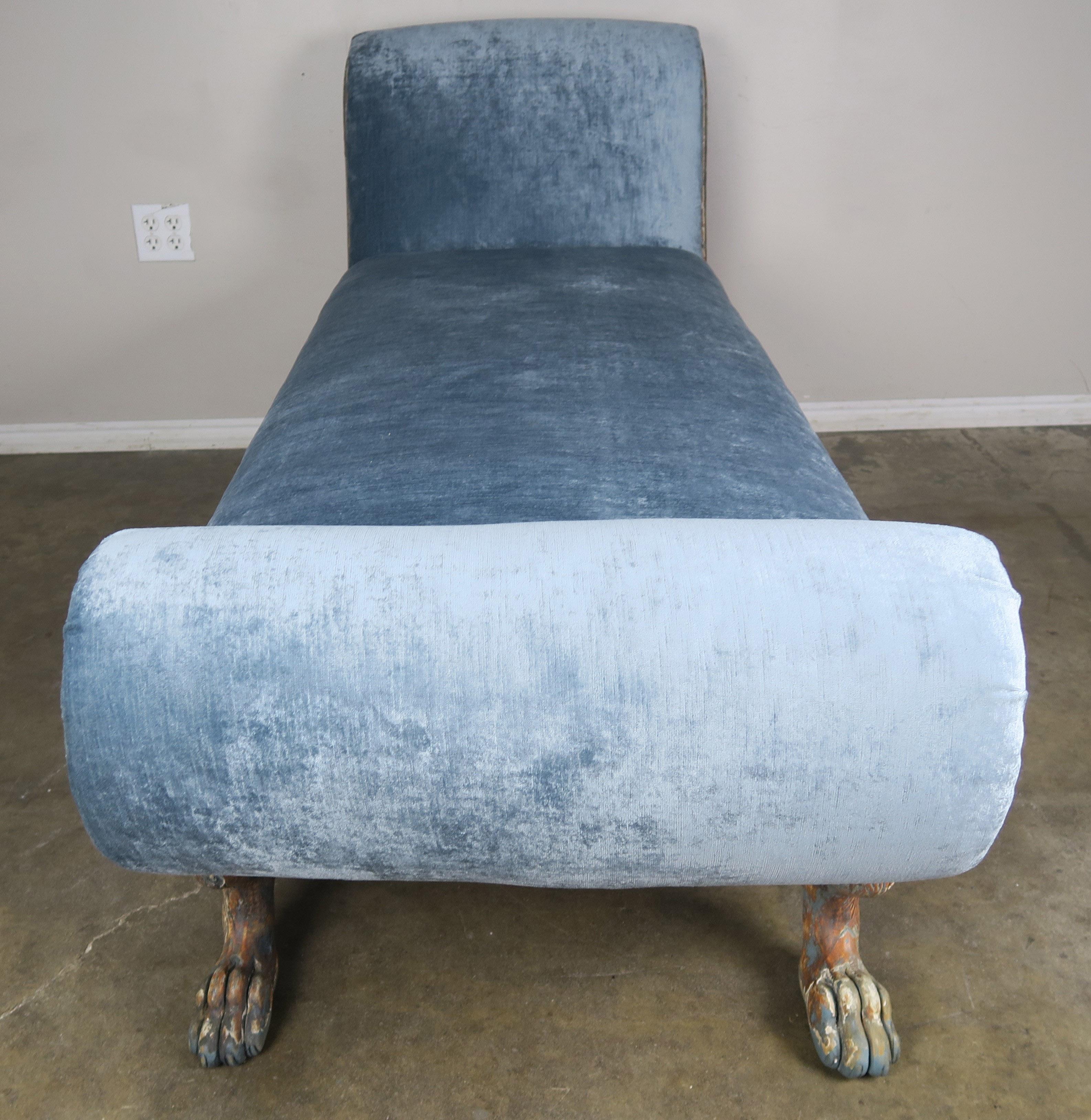 Carved Painted Blue Velvet Chaise Longues with Duncan Phyfe Style Feet 4