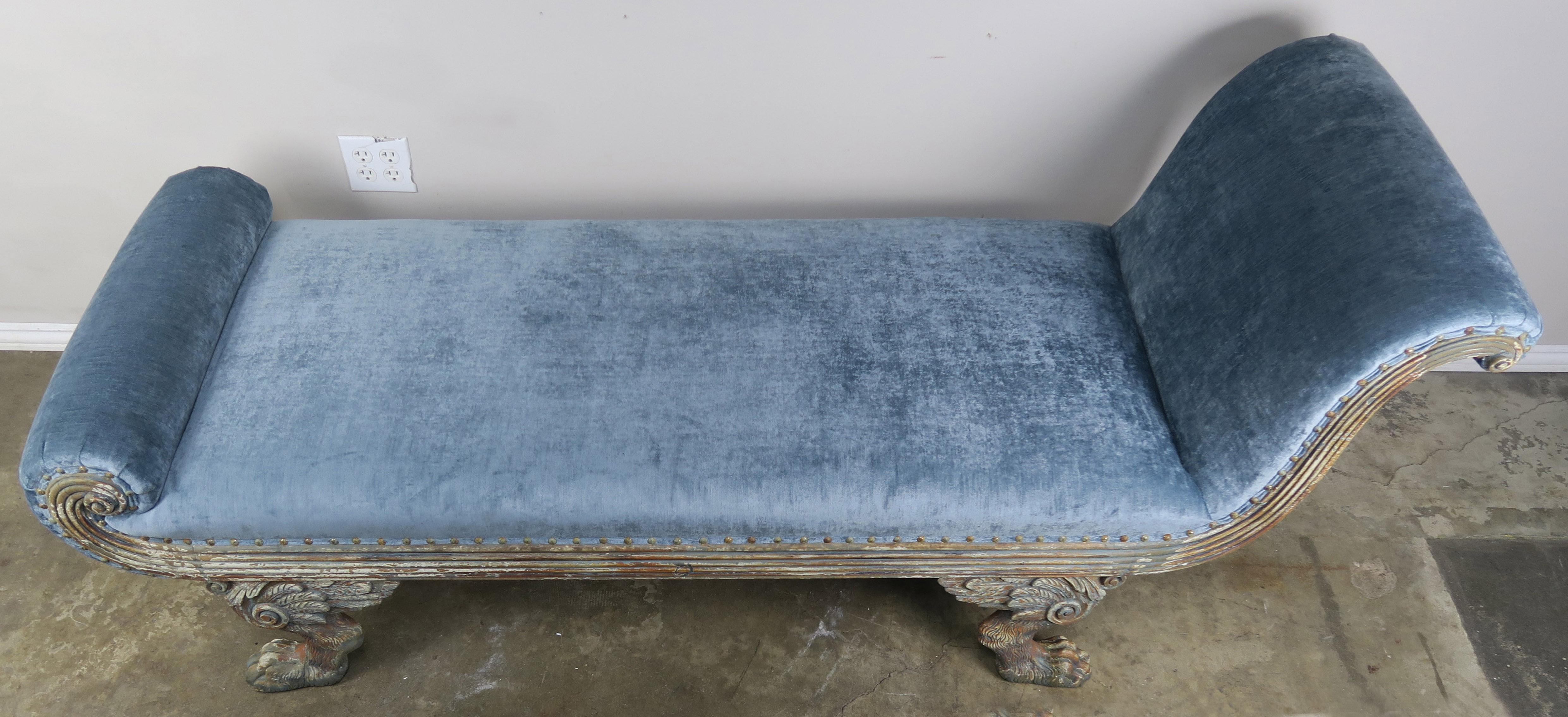 Carved Painted Blue Velvet Chaise Longues with Duncan Phyfe Style Feet 5