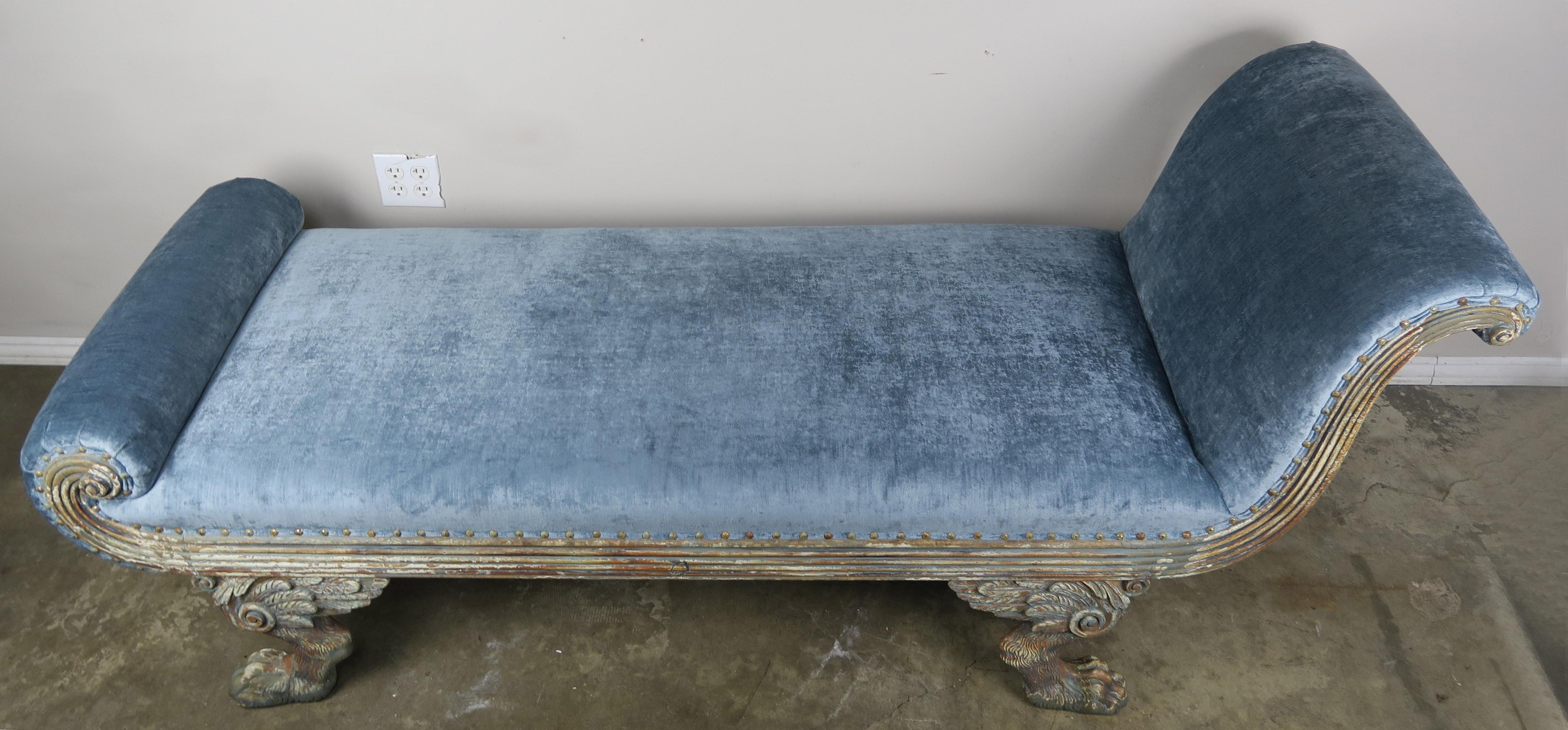 Carved Painted Blue Velvet Chaise Longues with Duncan Phyfe Style Feet 6