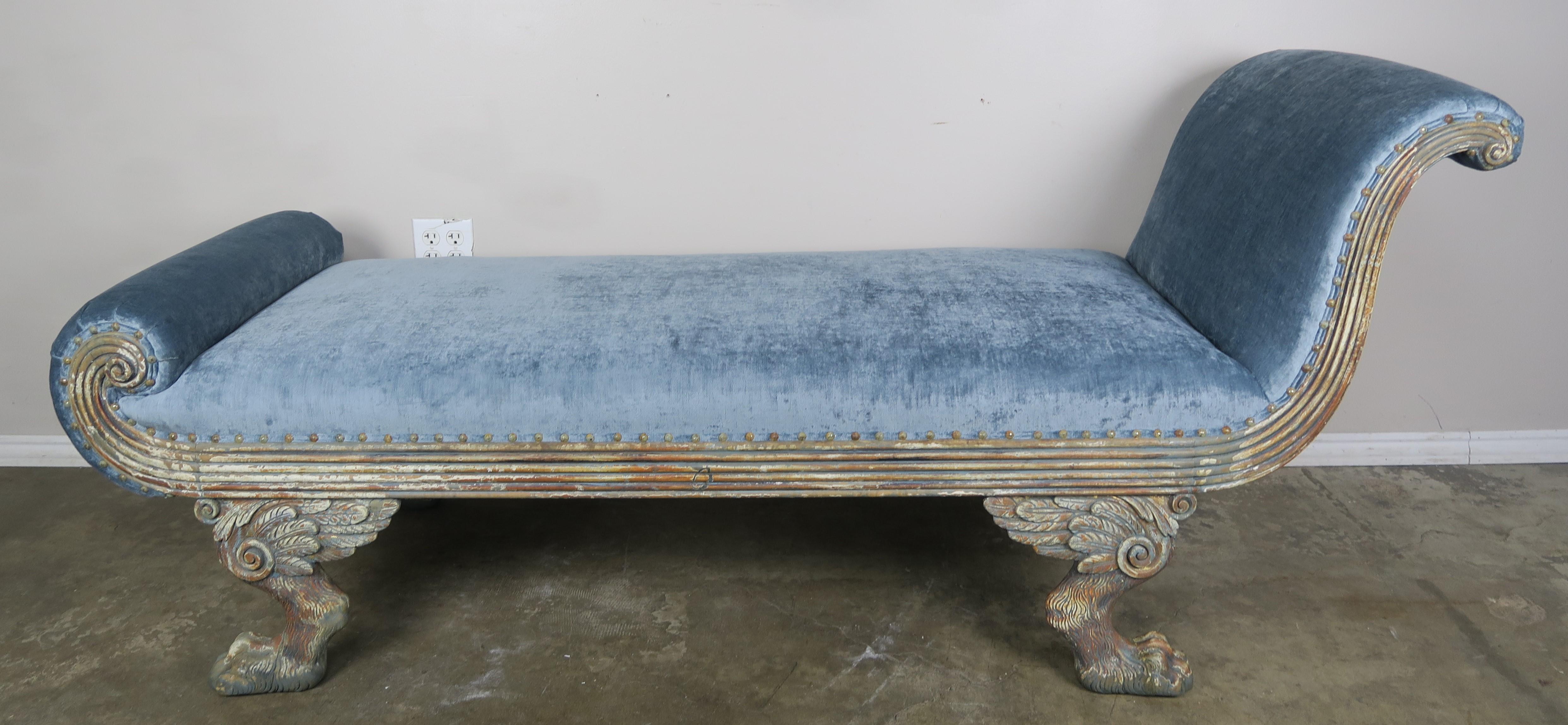 Carved Painted Blue Velvet Chaise Longues with Duncan Phyfe Style Feet 7