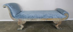 Carved Painted Blue Velvet Chaise Longues with Duncan Phyfe Style Feet