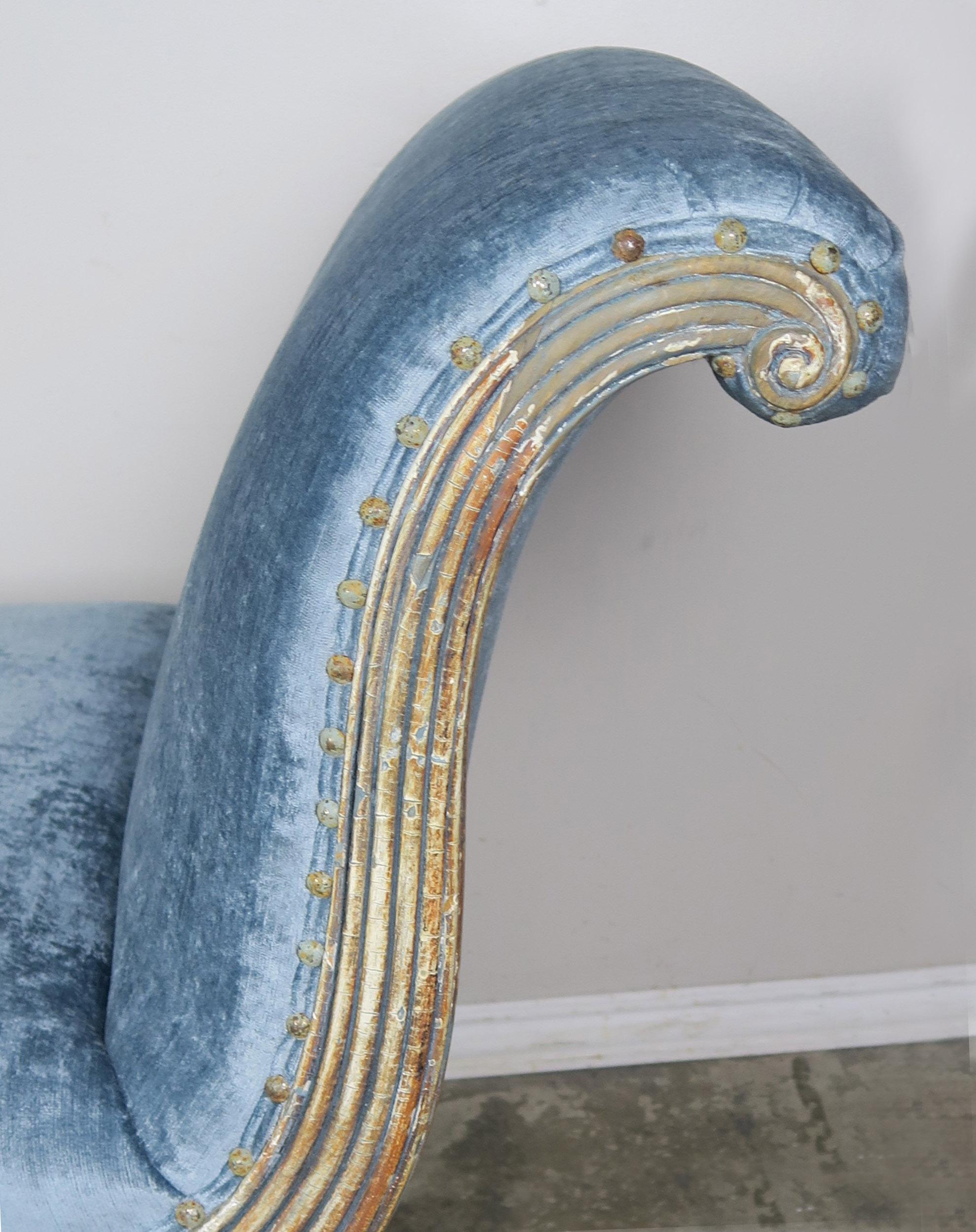 Carved Painted Blue Velvet Chaise Longues with Duncan Phyfe Style Feet 1