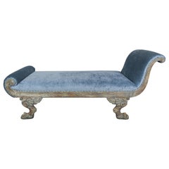 Carved Painted Blue Velvet Chaise Longues with Duncan Phyfe Style Feet